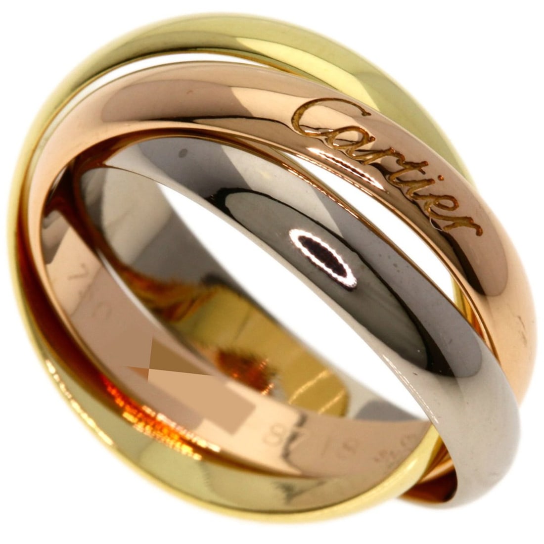 Cartier Trinity current model #51 ring, 18K yellow gold/18K rose white gold, women's. CARTIER: --- Catalog ---Category: SizeWidth: 3.5mm / 0.14''Weight: 7.6g / 0.26oz.JP Size: 11US Size: 6Category: DesignType: Band ringGender: WomenMaterial: Pink gold (18K), White gold (18K), Yellow gold (18K)C