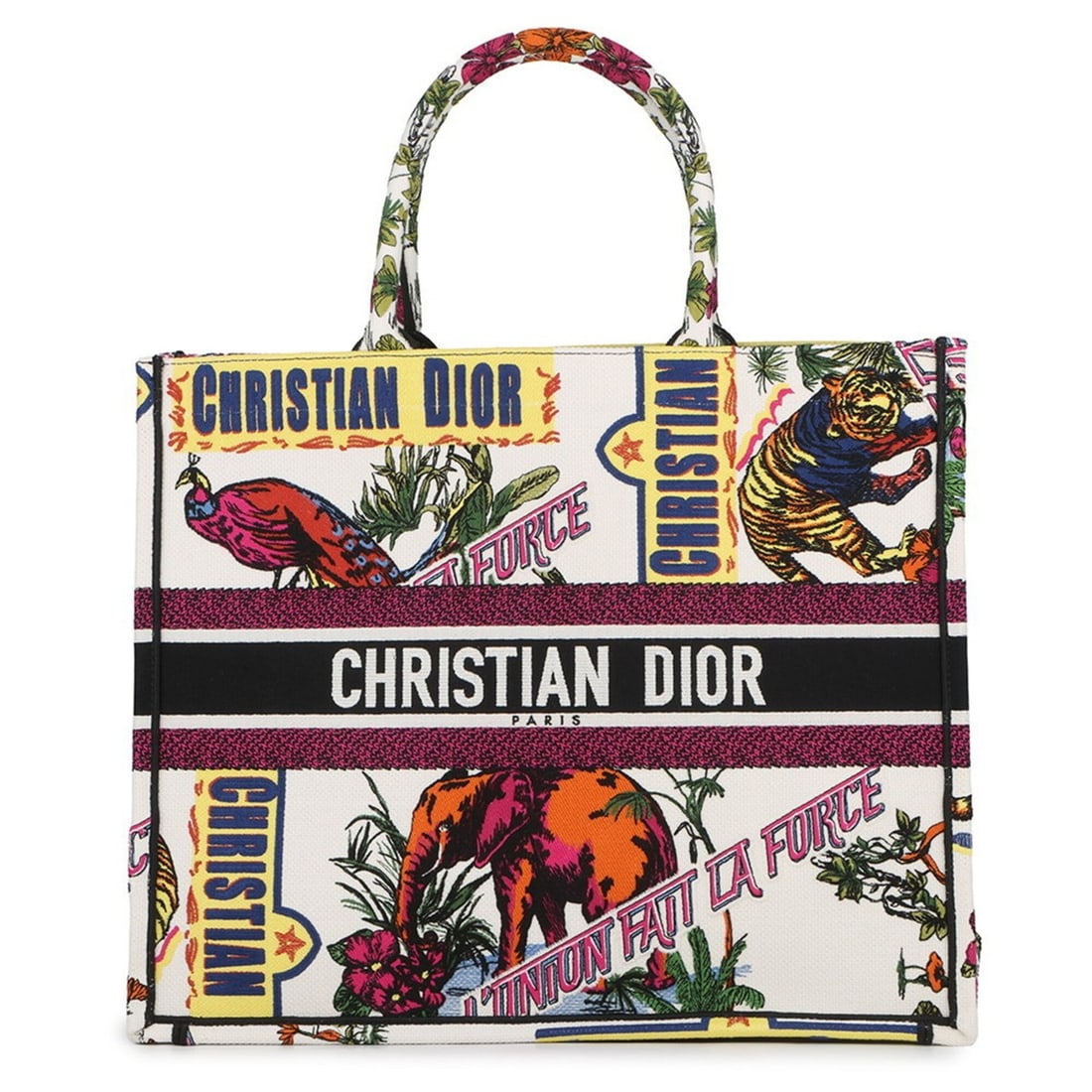 Christian Dior Dior Book Tote Large Indian Animals M1286ZEBM White Christian Handbag for Women: --- Catalog ---Category: SizeSize (HxWxD): 35cm x 42.5cm x 18cm / 13.77'' x 16.73'' x 7.08''Category: DesignType: Handbag, Tote bagColor: Multi-color, WhiteGender: WomenMaterial: Canvas Category: Gene