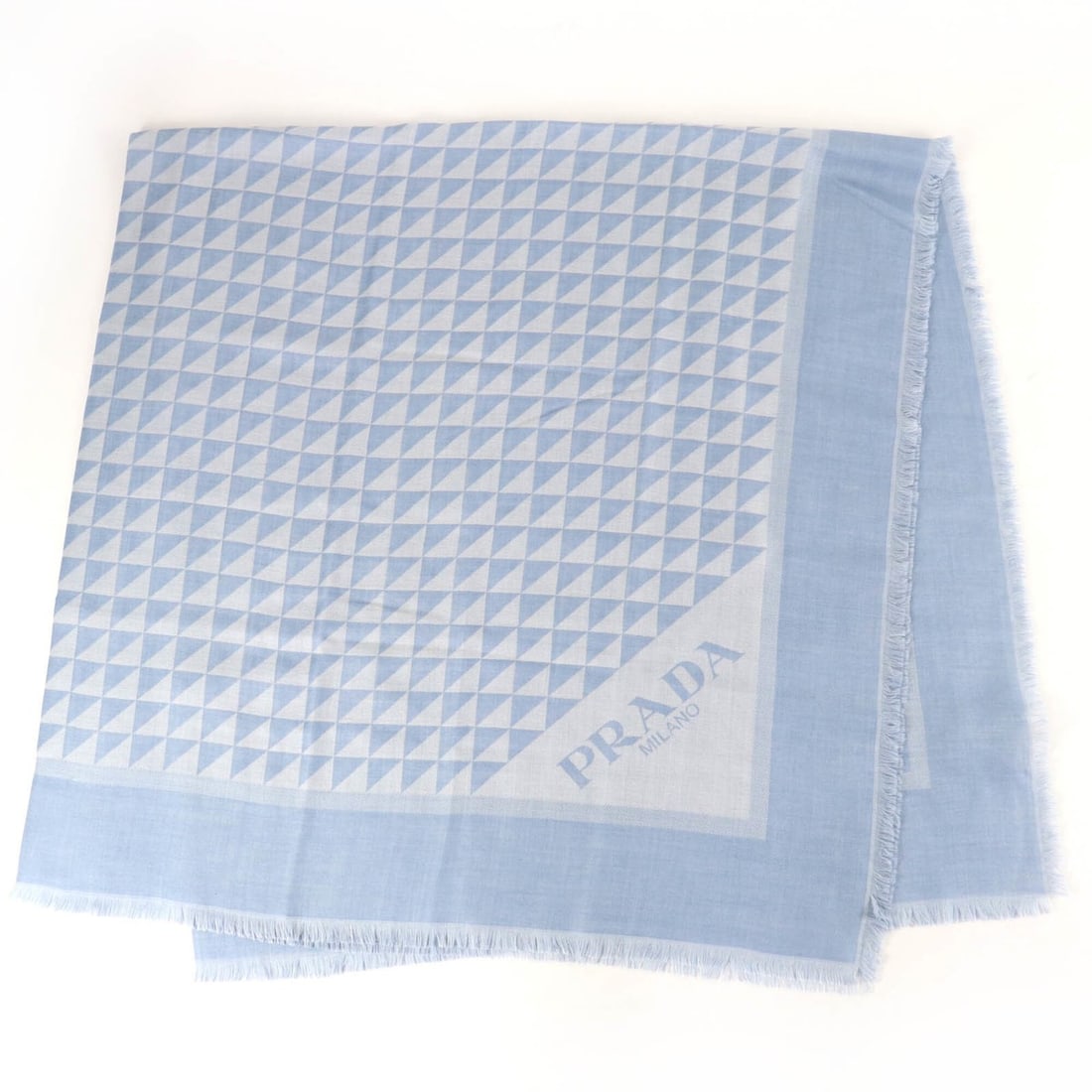 PRADA 2FS034 Wool Silk Monogram Triangle Logo Large Stole Scarf Muffler Blue Made in Italy Authentic: --- Catalog ---Category: SizeSize (LxW): 1.4m x 1.38m / 55.11'' x 54.33''Category: DesignType: StoleColor: BlueGender: WomenMaterial: Wool 58%, Silk 42%Category: GeneralBrand: PradaCountry of Origin: 