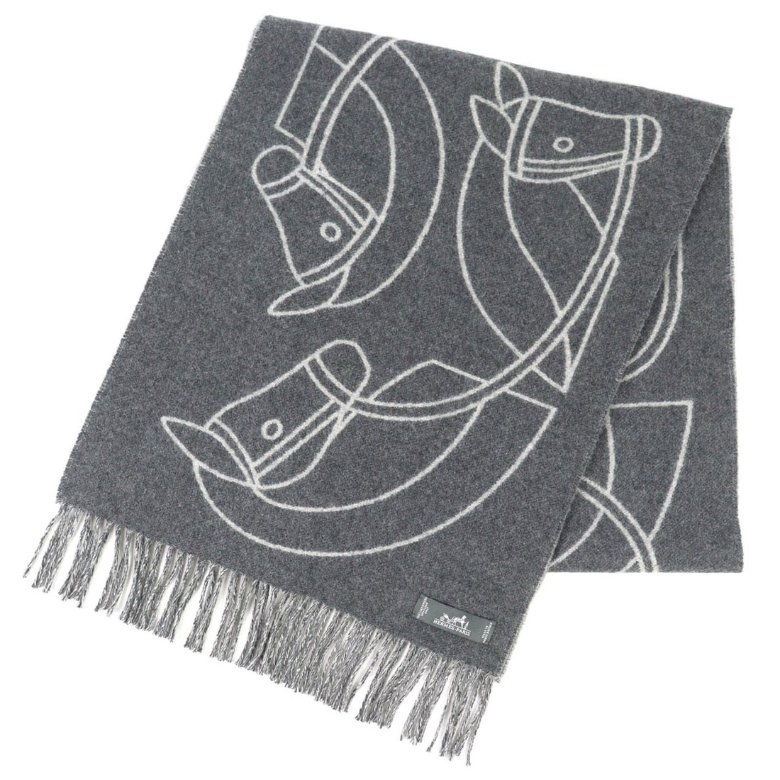 HERMES Entrelac Equestre Scarf, 100% Cashmere, Horse Fringe, Bicolor, Gray, Made in England, Women's (1 of 8)