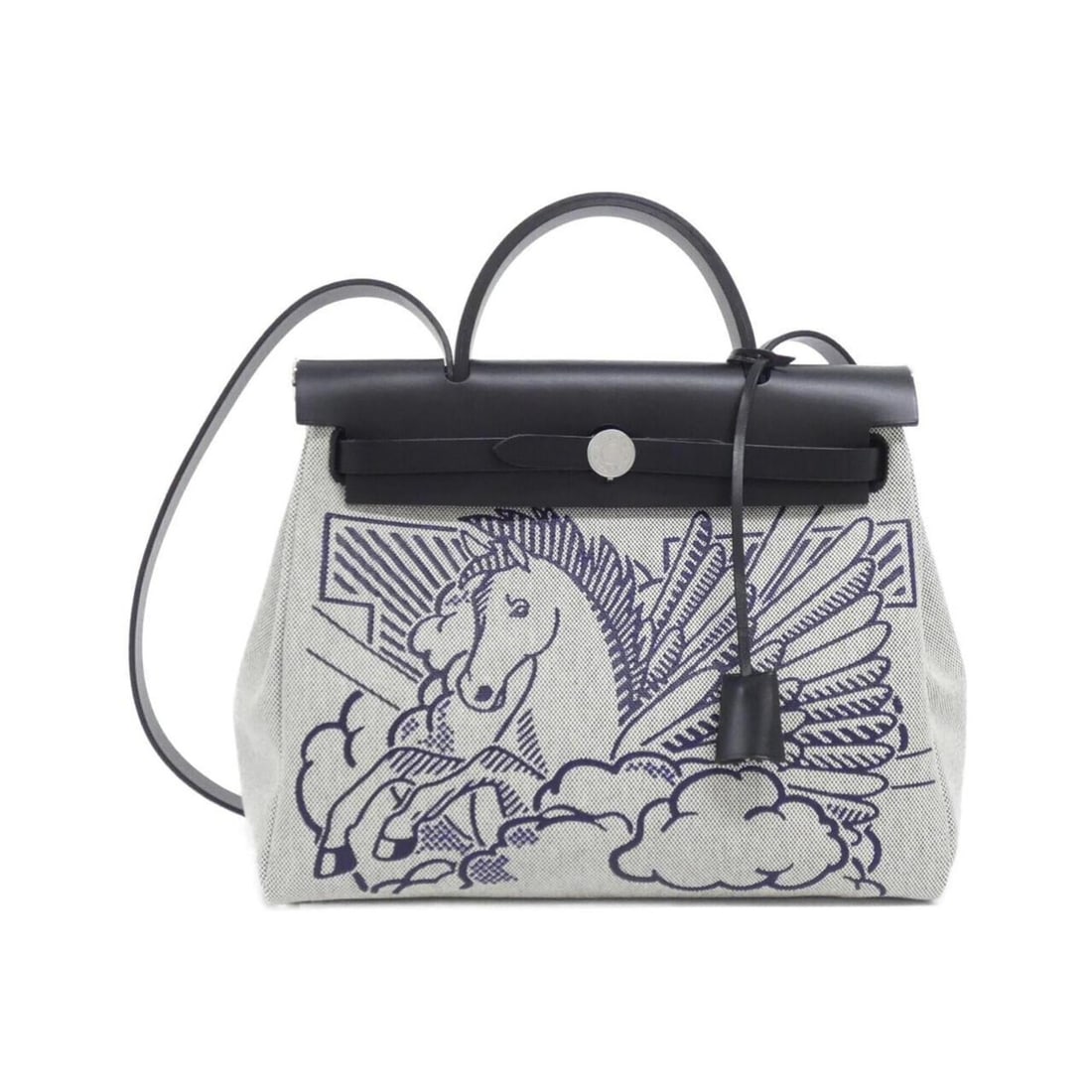 Hermes Herbag Zip Pegasus Pop PM 079201CK Handbag: --- Catalog ---Category: SizeSize (HxWxD): 25cm x 30cm x 10cm / 9.84'' x 11.81'' x 3.93''Category: DesignType: HandbagColor: Black, Blue indigo, EcruGender: Men,WomenMaterial: Toile H , Leather Catego