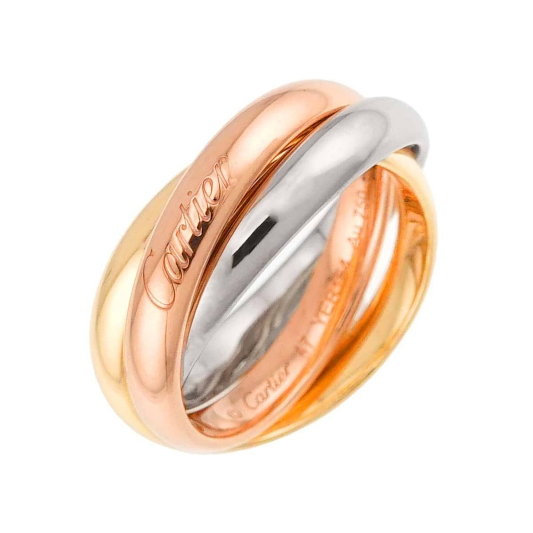 Cartier Trinity Medium MM #47 Ring, 18K Yellow Gold, White Pink Triple Band, Three Colors, 750 Gold.: --- Catalog ---Category: SizeUS Size: 4Brand Size: 47Category: DesignType: Band ringGender: WomenMaterial: Pink gold (18K), White gold (18K), Yellow gold (18K)Category: GeneralBrand: Cartier--- Item L