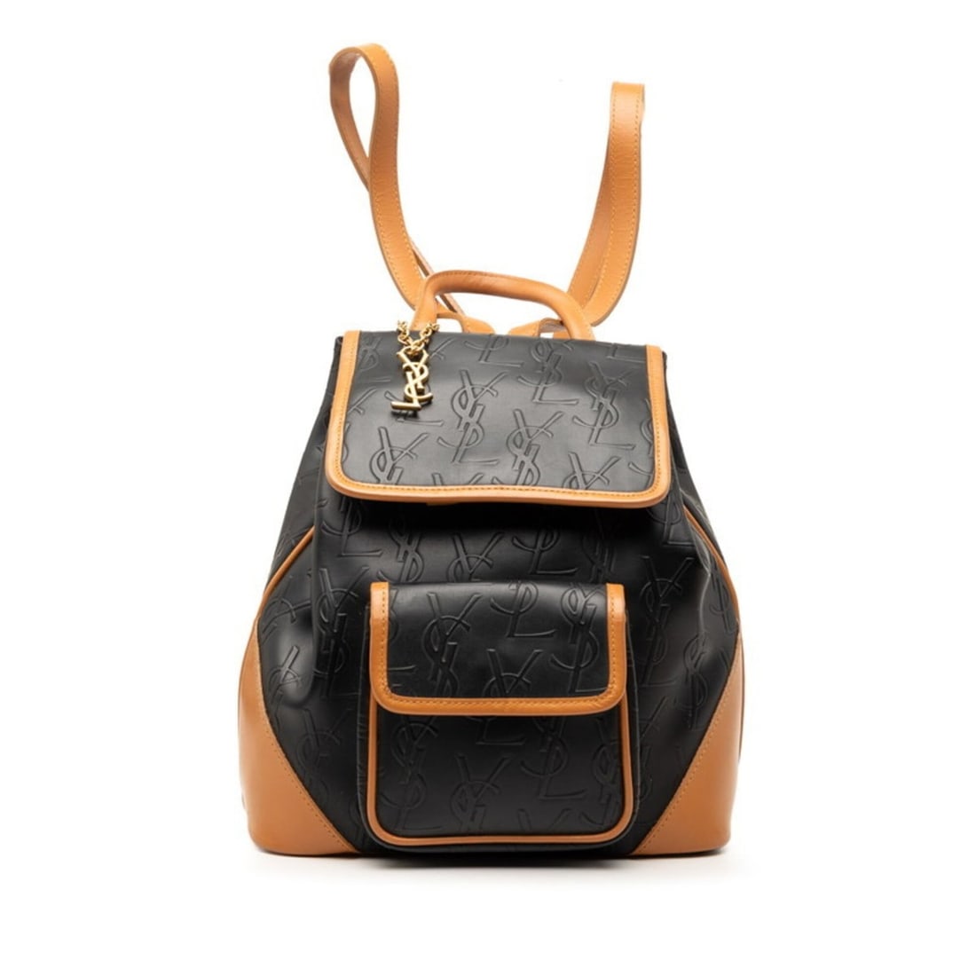 Saint Laurent YSL logo monogram backpack, black and brown leather, for women.: --- Catalog ---Category: SizeStrap Drop: 74cm / 29.13''Handle Drop: 8.00cm / 3.15''Size (HxWxD): 24cm x 23cm x 9.5cm / 9.44'' x 9.05'' x 3.74''Category: DesignType: BackpackColor: Black, BrownGender: 