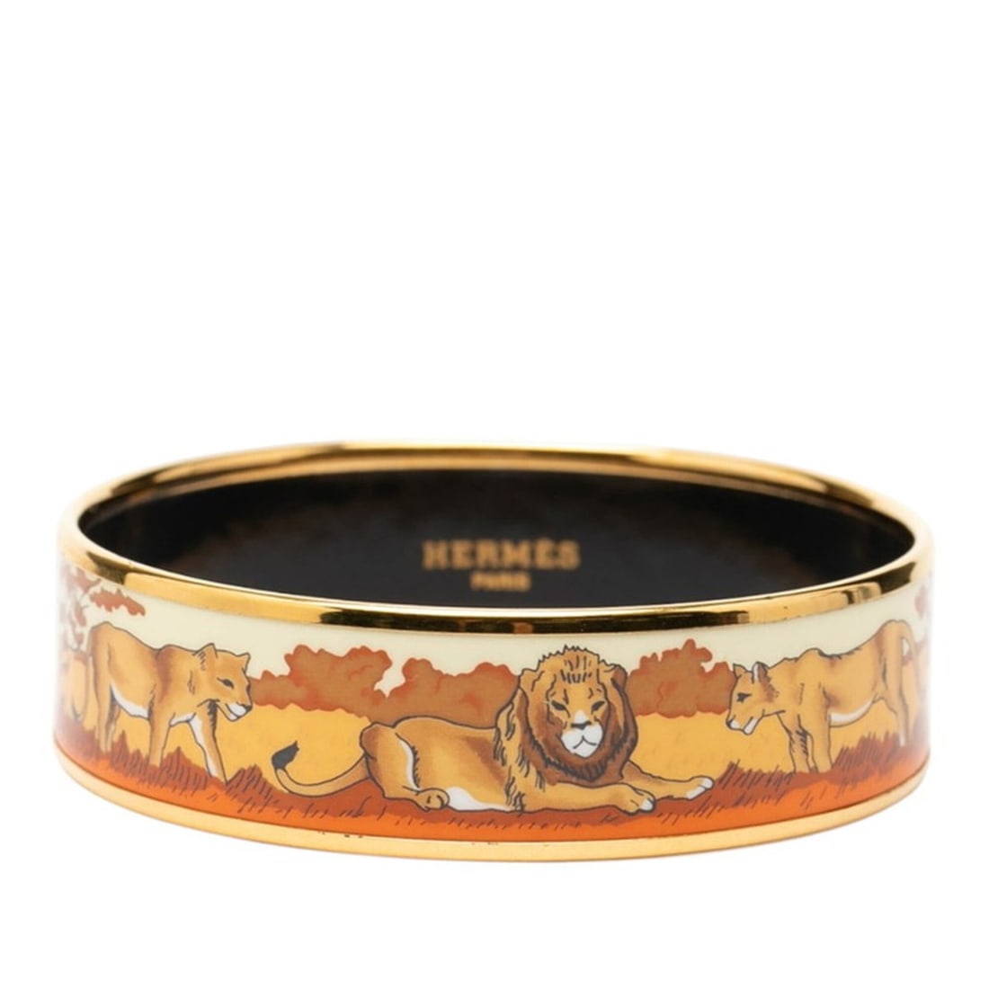 Hermes Enamel GM Cloisonné Lion Bangle, Gold and Brown Plated, Women's.: --- Catalog ---Category: SizeTotal Length: 21cm / 8.26''Category: DesignType: BangleColor: Brown, Gold brownGender: WomenMaterial: Gold platingCategory: GeneralBrand: Hermes--- Item List ---Section: C