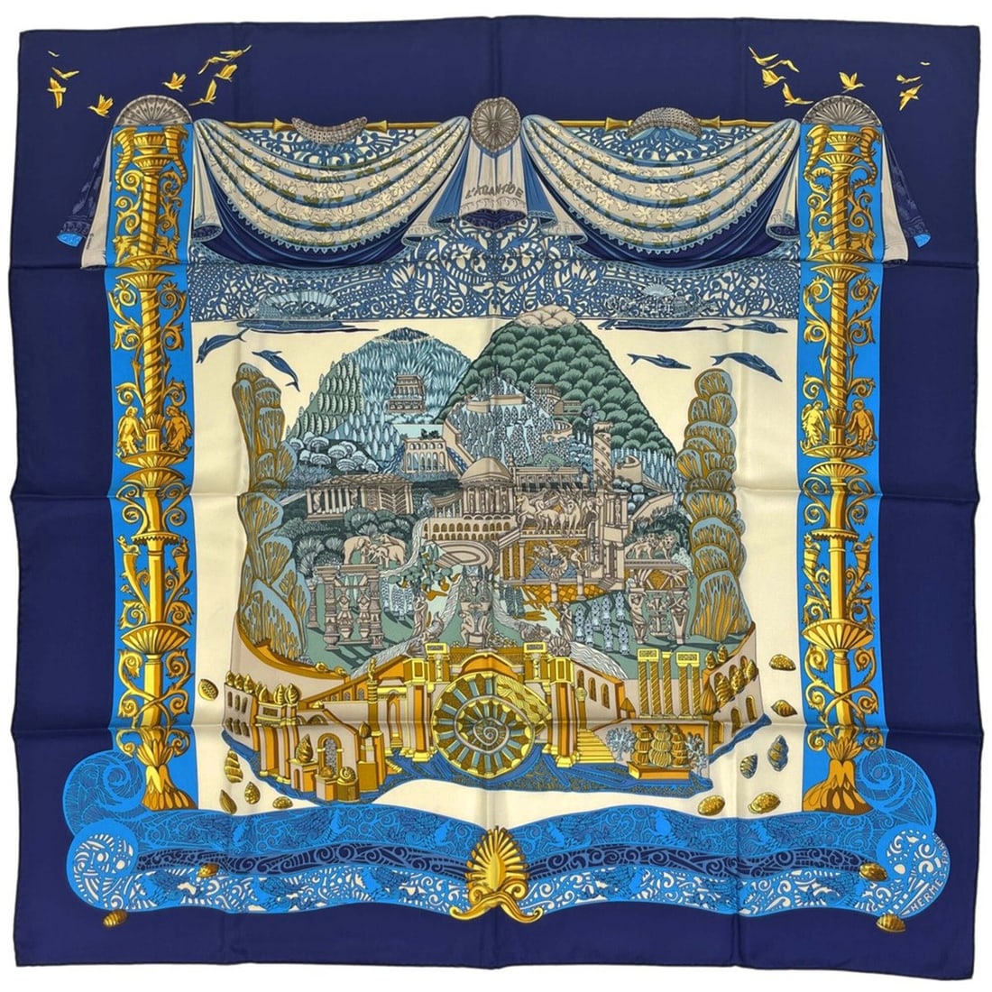 Hermes Carre 90 L'ATLANTIDE (Atlantis) Silk Scarf, Navy Multicolor, Women's: --- Catalog ---Category: PackNumber in Pack: 1Category: SizeSize (LxW): 89.5cm x 89cm / 35.23'' x 35.03''Category: DesignType: ScarfColor: Multi-color, NavyShape: SquareGender: WomenMaterial: Silk 100