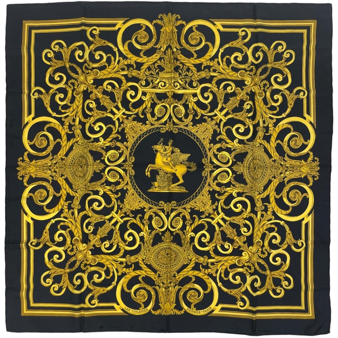 Hermes Carre 90 Les Tuileries (Tully Gardens) Scarf, Silk, Black & Gold, Women's: --- Catalog ---Category: PackNumber in Pack: 1Category: SizeSize (LxW): 89cm x 90cm / 35.03'' x 35.43''Category: DesignType: ScarfColor: Black, GoldShape: SquareGender: WomenMaterial: Silk 100%Categor