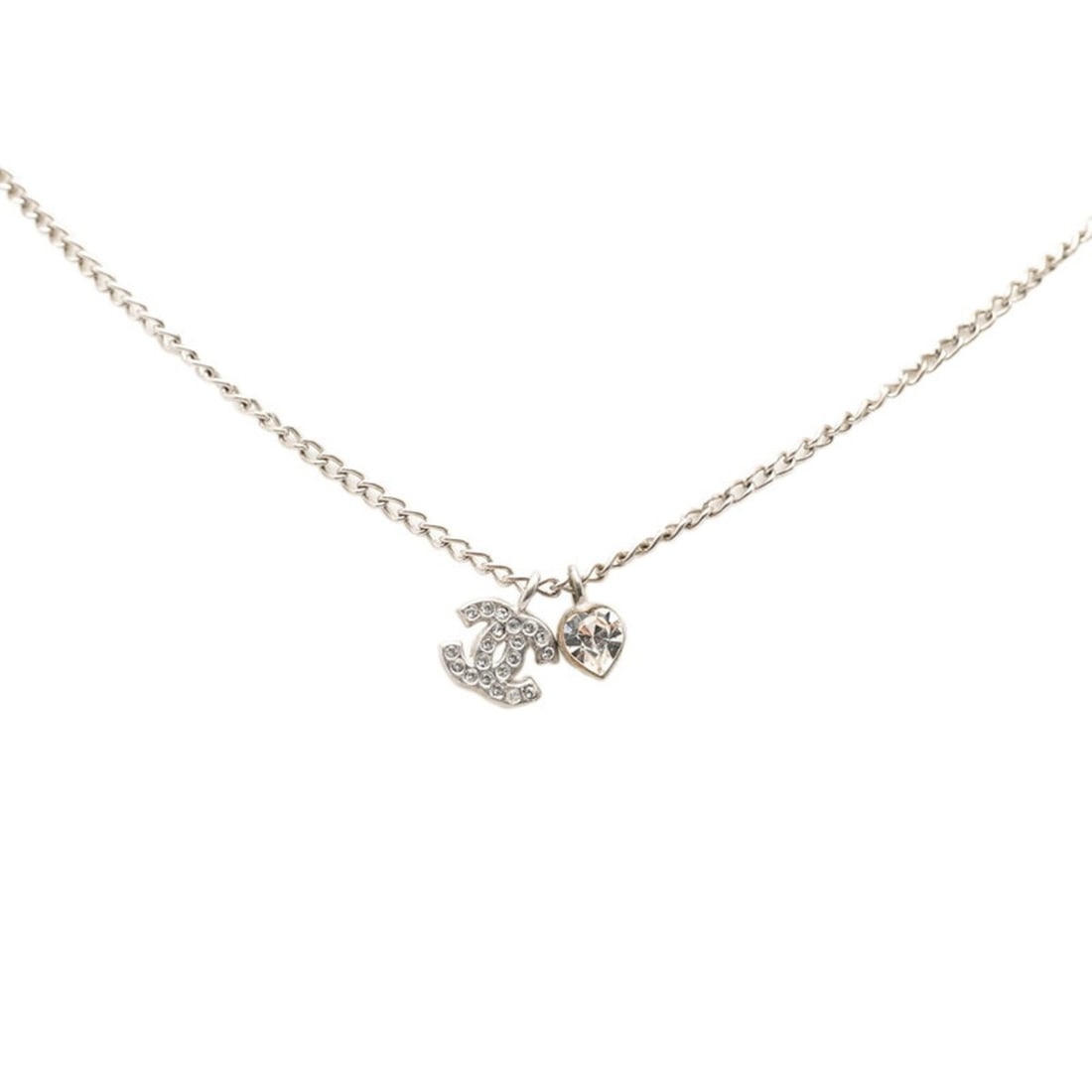 Chanel Coco Mark Heart Key Motif Necklace, Silver Metal Rhinestone, Women's CHANEL: --- Catalog ---Category: SizePendant Size: 7.9mm x 9.4mm / 0.31'' x 0.37''Neck Circumference: 42 cm / 16.53''Category: DesignColor: SilverGender: WomenMaterial: Metal, RhinestoneNecklace Type: Necklac