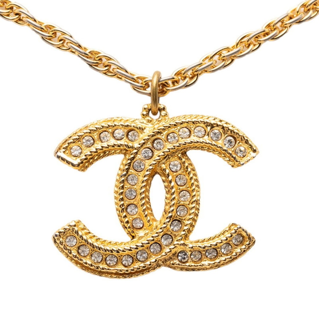 Chanel Coco Mark Chain Pendant Necklace, Gold Plated Rhinestone, Women's.: --- Catalog ---Category: SizePendant Size: 29.7mm x 35.4mm / 1.16'' x 1.39''Category: DesignColor: GoldStone: RhinestoneGender: WomenPendant Type: PendantNecklace Type: Pendant necklaceCategory: Gener