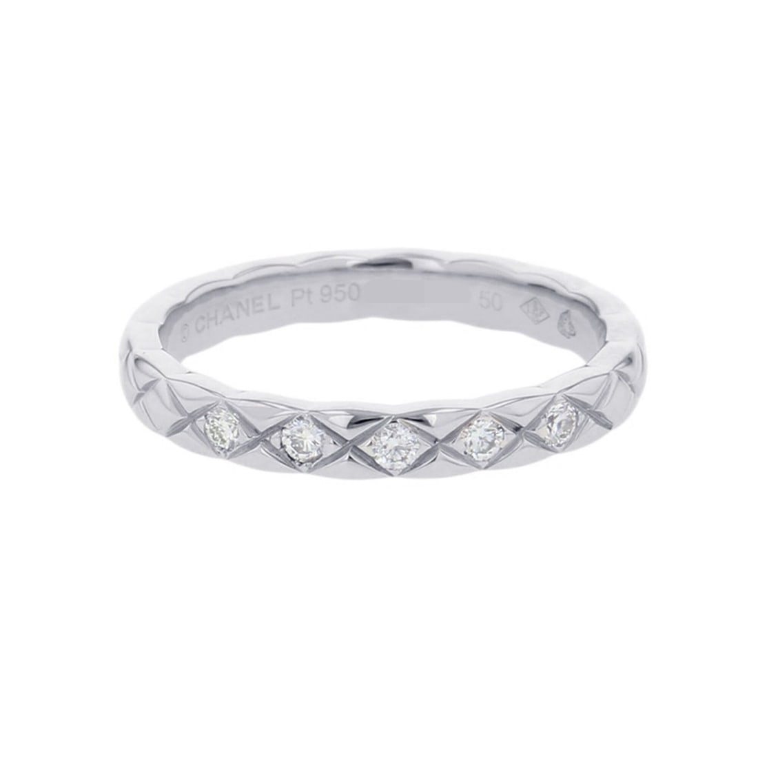 Chanel Coco Crush Collection Small Ring, 5 Diamonds (approx. 0.10ct total), Platinum 950, Size 50,: --- Catalog ---Category: SizeUS Size: 5.5Brand Size: 50Category: DesignType: Band ringGender: WomenMaterial: Platinum 950Category: GeneralMPN: J11355Brand: Chanel--- Item List ---Section: ConditionRan