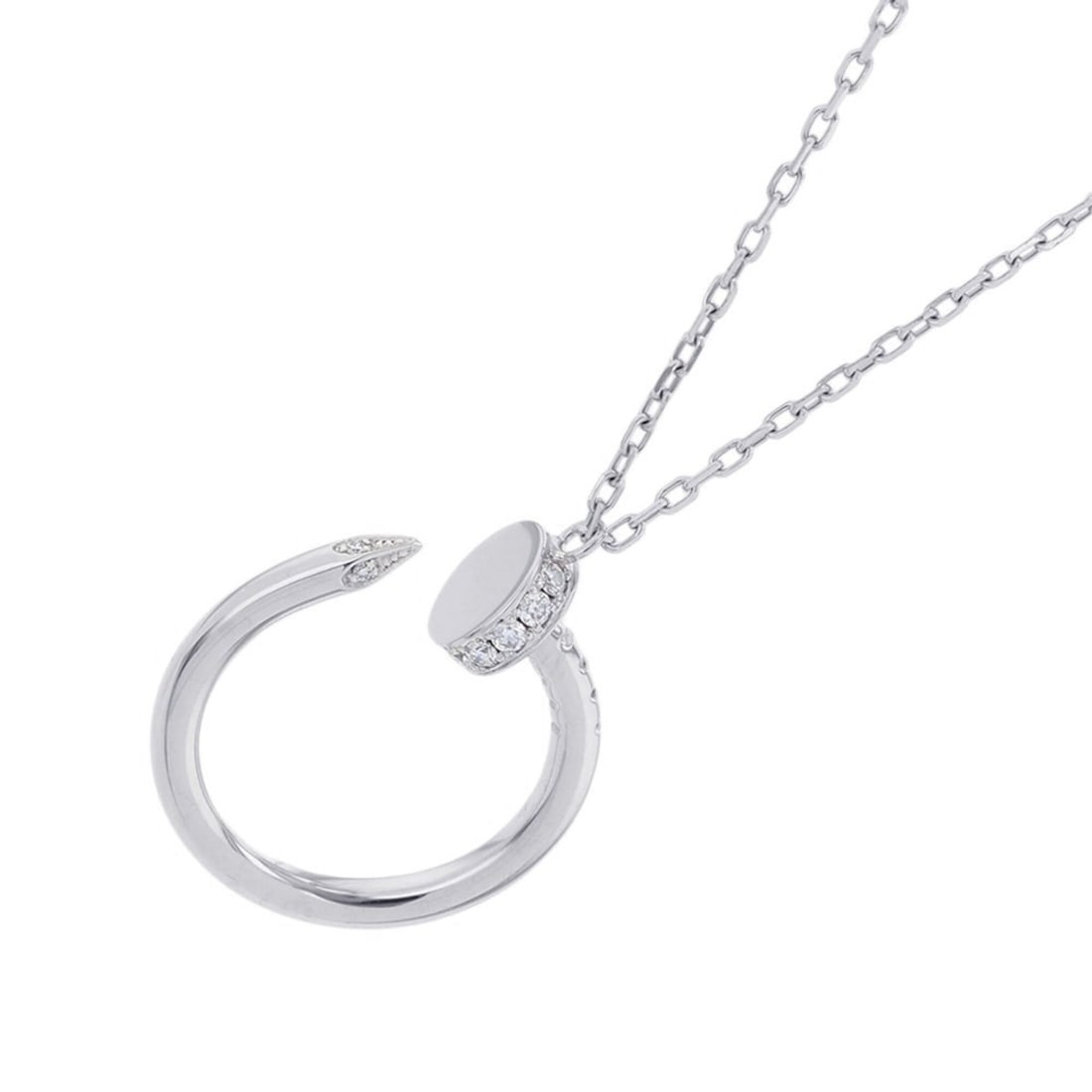 Cartier Juste un Clou Pendant Necklace with 14 Diamonds (0.12ct total) in 18K White Gold (B7224891): --- Catalog ---Category: SizePendant Size: 22.6mm x 18.3mm / 0.88'' x 0.72''Neck Circumference: 39 cm - 41 cm / 15.35'' - 16.14''Category: DesignGender: WomenMaterial: White gold (18K)Pendant Type: Pe