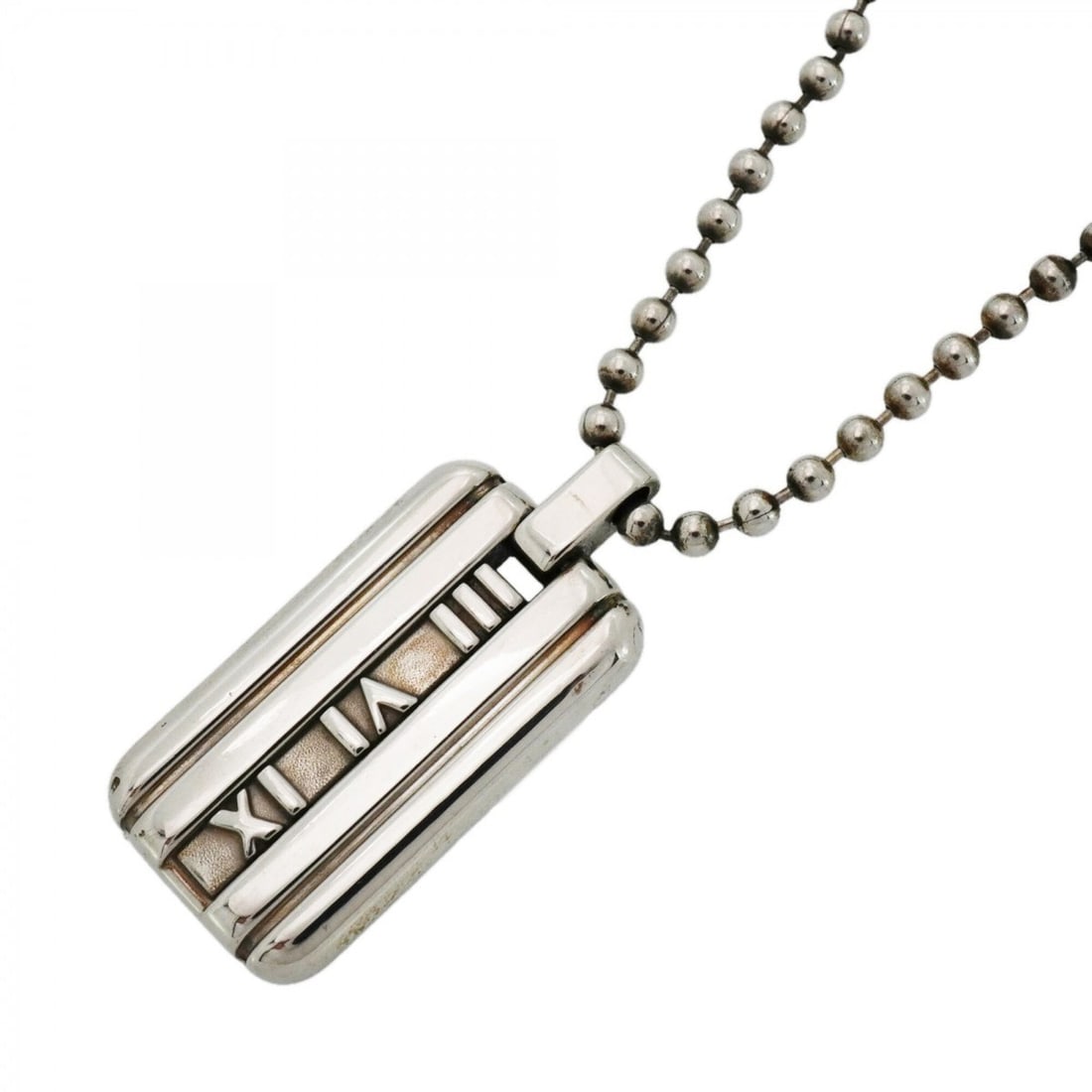Tiffany & Co. Atlas Plate Ball Chain Necklace, Sterling Silver 925, Women's: --- Catalog ---Category: SizePendant Size: 33.1mm x 15.6mm / 1.3'' x 0.61''Neck Circumference: 53.5 cm / 21.06''Category: DesignGender: WomenMaterial: Silver 925Necklace Type: NecklaceCategory: Genera