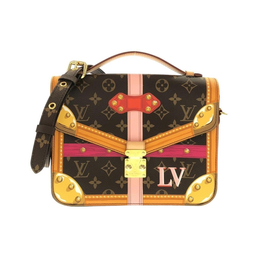 Louis Vuitton Monogram (Trunk) Pochette Métis M43628 Handbag: --- Catalog ---Category: SizeSize (HxWxD): 20cm x 24.5cm x 5cm / 7.87'' x 9.64'' x 1.96''Category: DesignType: Handbag, PochetteColor: MarronGender: Men,WomenMaterial: Coated canvas Hardware Color: Go