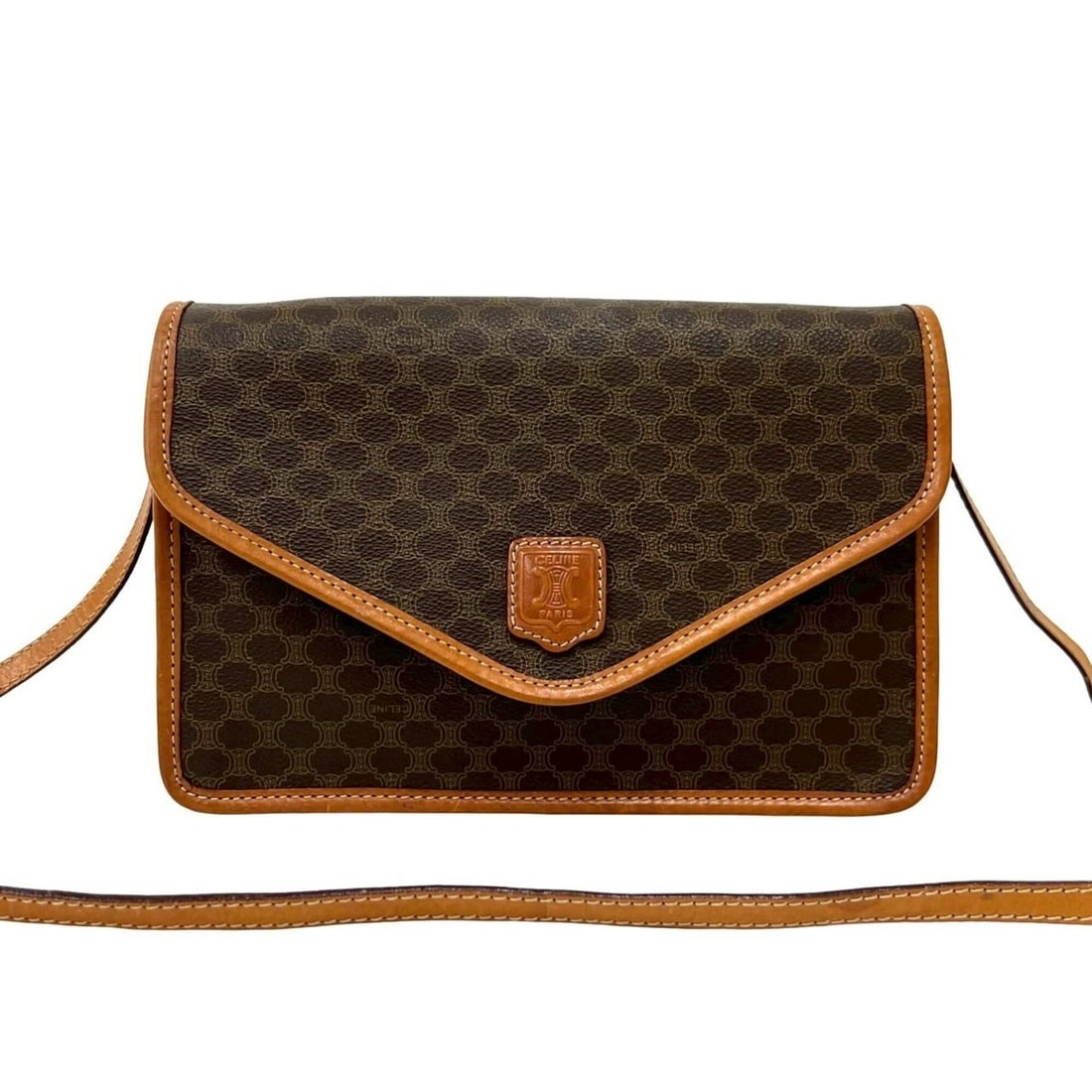 CELINE Vintage Macadam Blazon Pattern Leather Shoulder Bag/Pochette/Sacoche, Brown, 21739: --- Catalog ---Category: SizeSize (HxWxD): 17.5cm x 25cm x 4cm / 6.88'' x 9.84'' x 1.57''Category: DesignType: Pochette, Shoulder bagColor: BrownGender: WomenMaterial: PVC , Leather Category: GeneralB