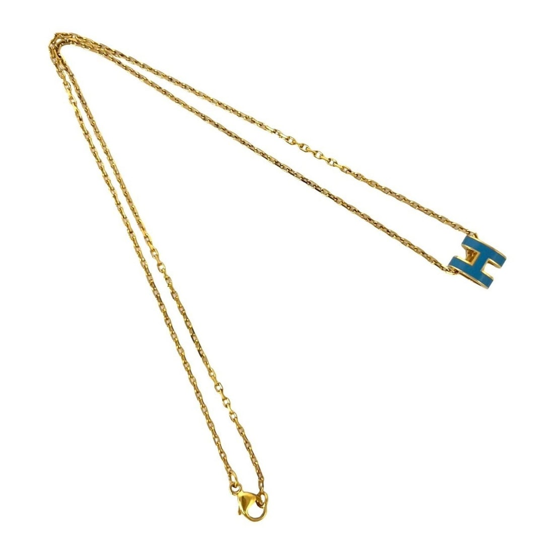 HERMES Mini Pop H GP Necklace Pendant Choker Accessory Gold Blue Jean 42980: --- Catalog ---Category: SizePendant Size: 9mm x 7mm / 0.35'' x 0.27''Neck Circumference: 40 cm / 15.74''Category: DesignColor: Blue, GoldGender: WomenMaterial: Gold platingPendant Type: PendantNeckla