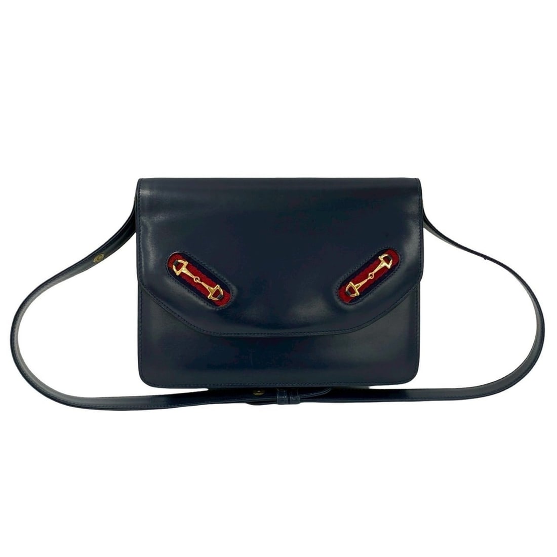 GUCCI Vintage Sherry Line Leather Semi-One Shoulder Bag with Horsebit Hardware, Navy, 20473: --- Catalog ---Category: SizeSize (HxWxD): 17cm x 23cm x 8.5cm / 6.69'' x 9.05'' x 3.34''Category: DesignType: Shoulder bagColor: Navy, Red colorGender: WomenMaterial: Leather Category: GeneralBrand: 