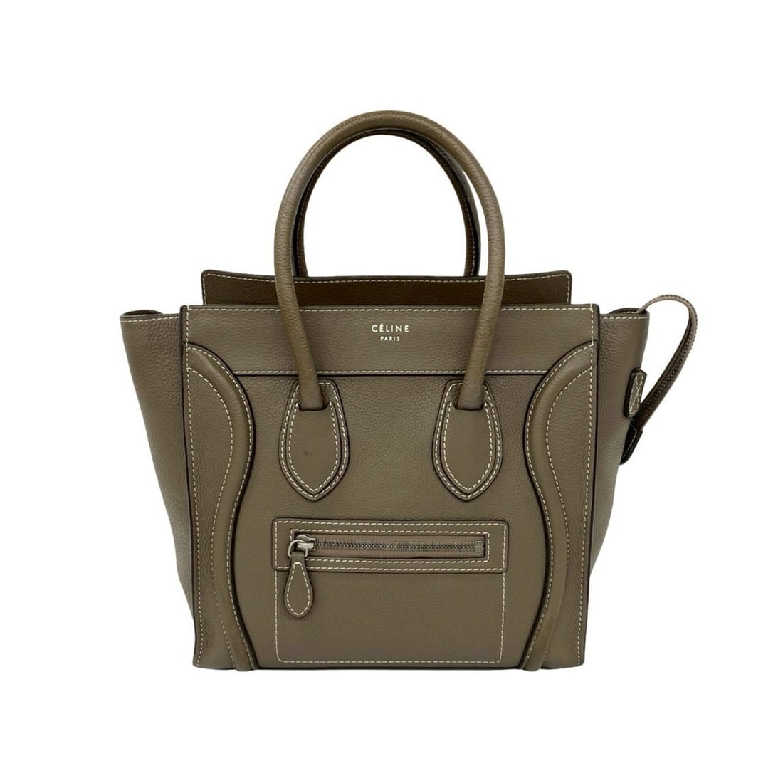 CELINE Luggage Micro Shopper Leather Handbag Tote Bag Boston Beige Gray 25925: --- Catalog ---Category: SizeSize (HxWxD): 26cm x 26cm x 13cm / 10.23'' x 10.23'' x 5.11''Category: DesignType: Boston bag, Handbag, Tote bagColor: Beige, GrayGender: WomenMaterial: Leather Category: 