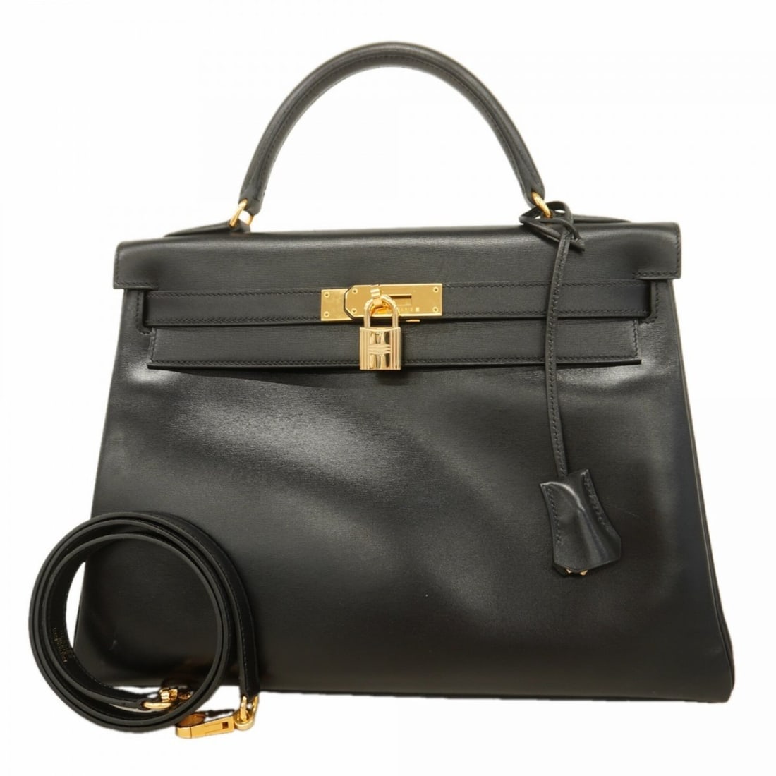 Hermes Kelly 32 Box Calf Black Handbag (?B stamp) 2-way bag for women: --- Catalog ---Category: SizeSize (HxWxD): 23cm x 31.5cm x 12cm / 9.05'' x 12.4'' x 4.72''Category: DesignType: HandbagColor: BlackGender: WomenMaterial: Box calf leather Hardware Color: GoldCategory: