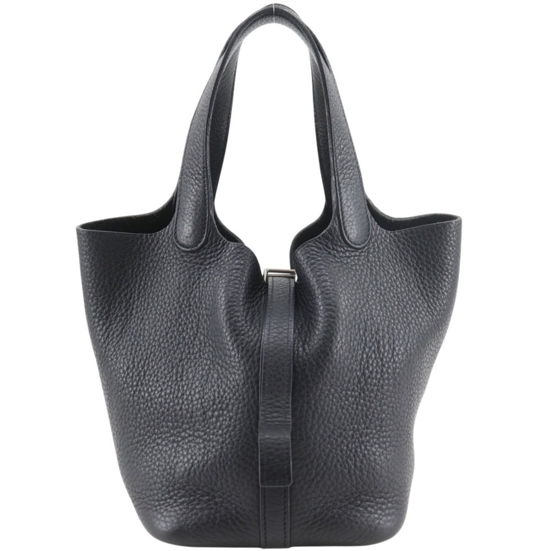 Hermes Picotin PM handbag, Taurillon Clemence leather, 2007 model, black/silver hardware, ?K belt: --- Catalog ---Category: SizeSize (HxWxD): 18cm x 18cm x 14cm / 7.08'' x 7.08'' x 5.51''Category: DesignType: HandbagColor: BlackGender: WomenMaterial: Taurillon clemence leather Category: GeneralBran