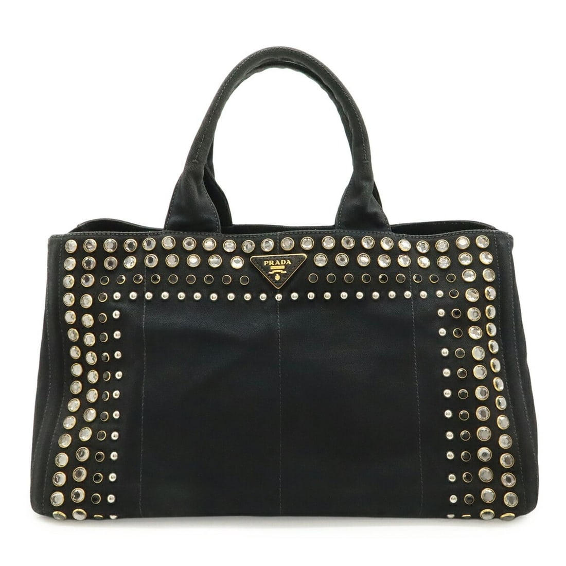 PRADA Canapa Large Tote Bag with Rhinestone Studs, Canvas, NERO Black (Purchased from a domestic: --- Catalog ---Category: SizeSize (HxWxD): 25cm x 40cm x 25cm / 9.84'' x 15.74'' x 9.84''Category: DesignType: Tote bagColor: Black, NeroGender: Women,MenMaterial: Canapa , Canvas Category: GeneralMPN