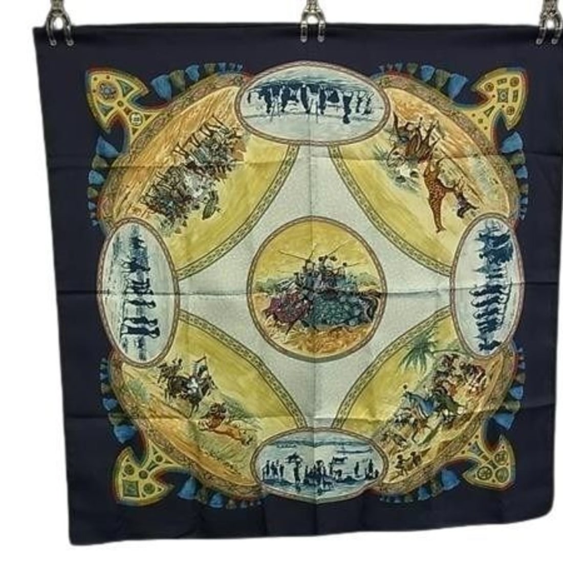 HERMES scarf/muffler, Carre 90, navy x multicolor, silk, women's, CAVALIERS PEULS (The Horsemen of: --- Catalog ---Category: SizeSize (LxW): 88cm x 89cm / 34.64'' x 35.03''Category: DesignType: ScarfColor: Multi-color, NavyGender: WomenMaterial: Silk Category: GeneralBrand: HermesCountry of Origin: 