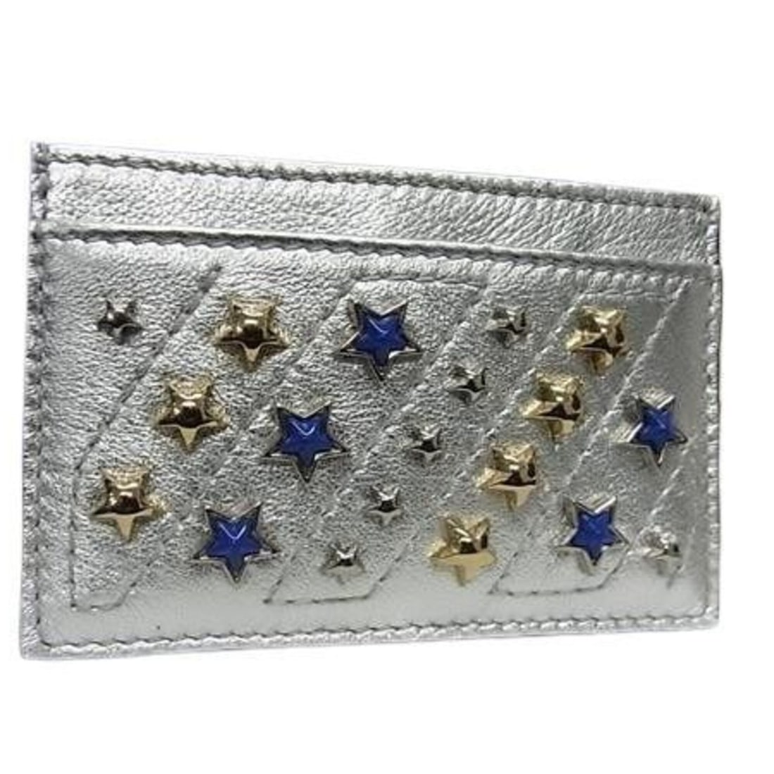 JIMMY CHOO DEAN AHQ Business Card Holder/Card Case, Silver Leather, Unisex, Star Studs: --- Catalog ---Category: DesignType: Card caseColor: SilverGender: Men,WomenMaterial: Leather Category: GeneralBrand: Jimmy ChooCountry of Origin: ItalyCategory: Physical PropertiesSize (HxWxD): 6.5cm