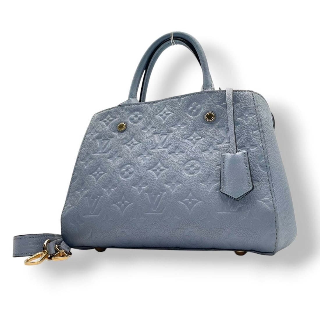 Louis Vuitton Montaigne BB Monogram Empreinte Handbag, Light Blue Crossbody Bag for Women (s18): --- Catalog ---Category: SizeSize (HxWxD): 20cm x 28cm x 13cm / 7.87'' x 11.02'' x 5.11''Category: DesignType: Handbag, Shoulder bagColor: Light blueGender: WomenMaterial: Leather Category: GeneralBra