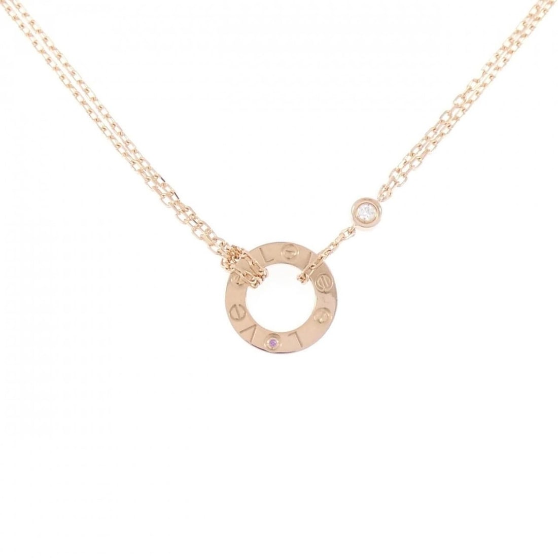 Cartier Love Necklace: --- Catalog ---Category: SizeWeight: 6.3g / 0.22oz.Diameter: 12.9mm / 0.5''Neck Circumference: 38 cm - 41 cm / 14.96'' - 16.14''Category: DesignColor: PinkMetal: GoldStone: Diamond, SapphireGender: Wo