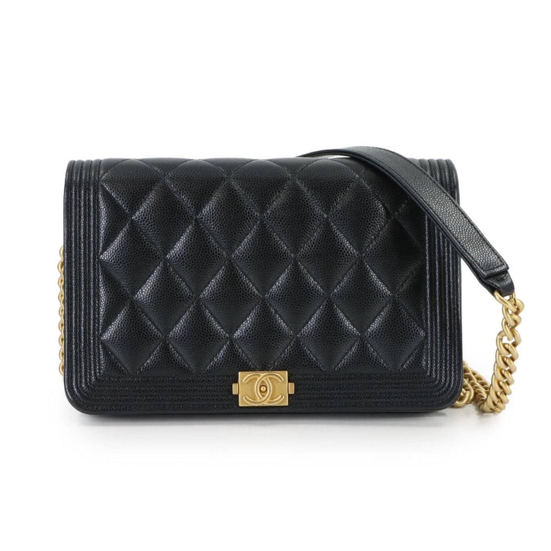 Chanel Boy Chain Wallet, Long Caviar Leather, Black, AP1117, Gold Hardware.: --- Catalog ---Category: SizeSize (HxWxD): 12.5cm x 19cm x 4cm / 4.92'' x 7.48'' x 1.57''Category: DesignType: Chain/Shoulder walletColor: BlackGender: WomenMaterial: Grained Calfskin Category: Genera