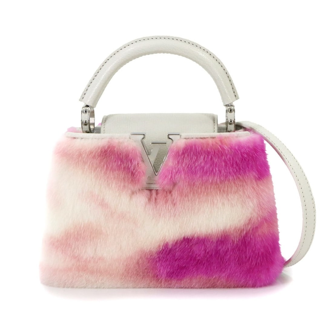 Louis Vuitton Capucines MINI 2-way Handbag/Shoulder Bag, Leather, Mink Fur, White, RFID-protected.: --- Catalog ---Category: SizeSize (HxWxD): 14cm x 20cm x 8cm / 5.51'' x 7.87'' x 3.14''Category: DesignType: HandbagColor: Pink, WhiteGender: WomenMaterial: Cuir Ombre leather , Fur Leather/Fur Type: 