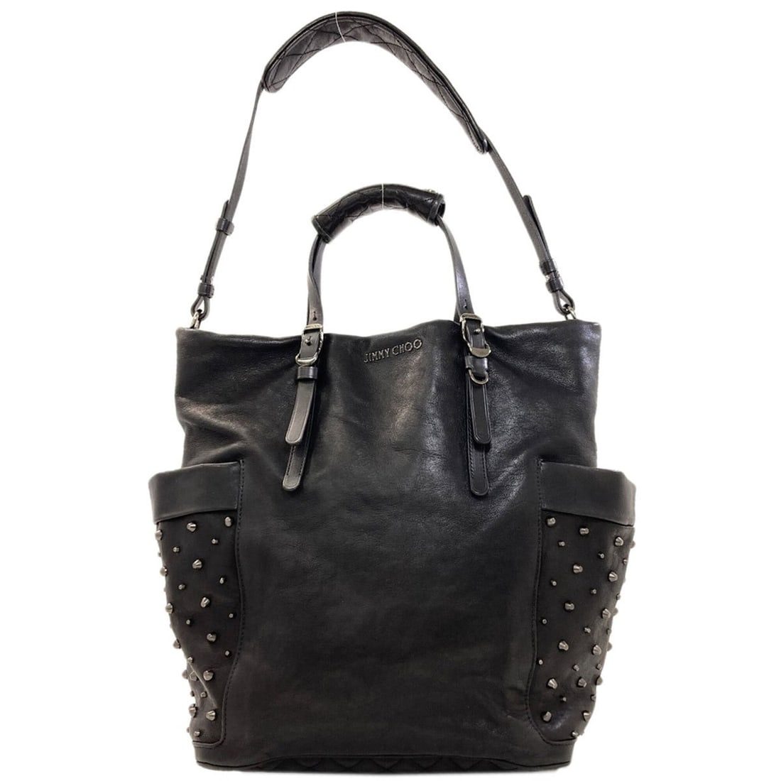 Jimmy Choo Studded 2-Way Leather Handbag for Women: --- Catalog ---Category: SizeSize (HxWxD): 35cm x 28cm x 15cm / 13.77'' x 11.02'' x 5.9''Category: DesignType: HandbagColor: BlackGender: WomenMaterial: Leather Category: GeneralBrand: Jimmy Choo--- I