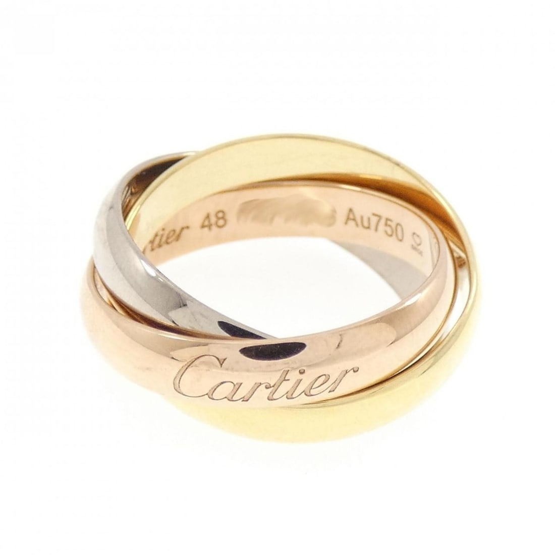Cartier Trinity Ring: --- Catalog ---Category: SizeJP Size: 8US Size: 4.5Category: DesignType: Band ringColor: Pink gold, White gold, Yellow goldGender: WomenMaterial: Pink gold (18K), White gold (18K), Yellow gold (18K)Ca