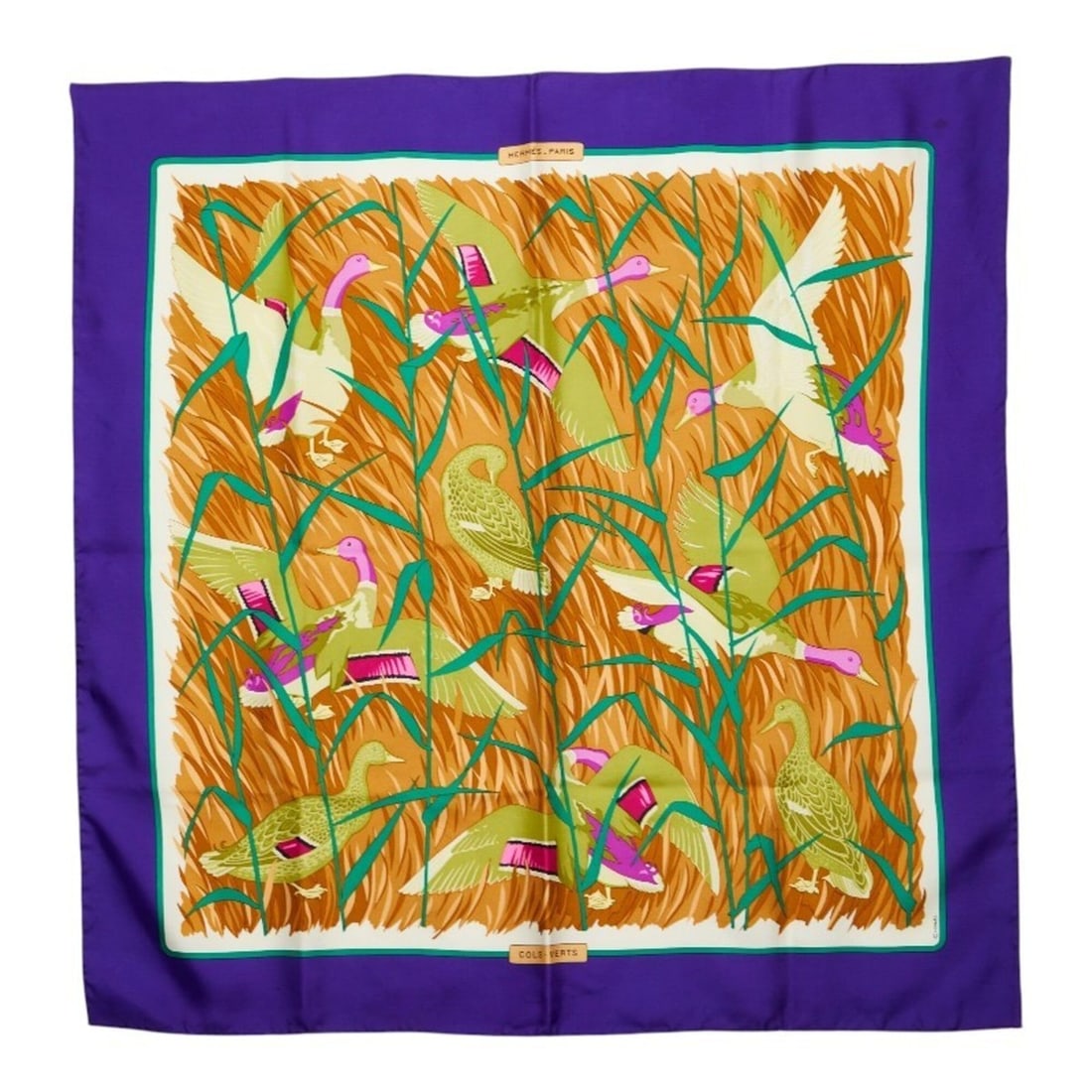 Hermes COLS VERTS Mallard Duck Bird Scarf/Muffler, Purple/Beige, Silk, Women's HERMES (1 of 17)