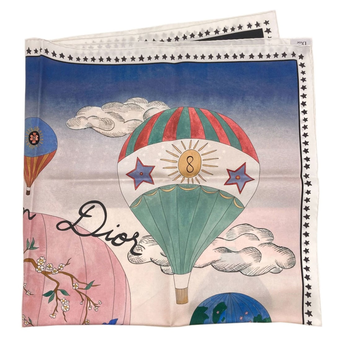 Christian Dior Hot Air Balloon Scarf/Muffler, Silk, Women's: --- Catalog ---Category: SizeSize (LxW): 89cm x 88cm / 35.03'' x 34.64''Category: DesignType: ScarfColor: Black, Pink, WhiteGender: WomenMaterial: Silk Category: GeneralBrand: Christian Dior--- Item L