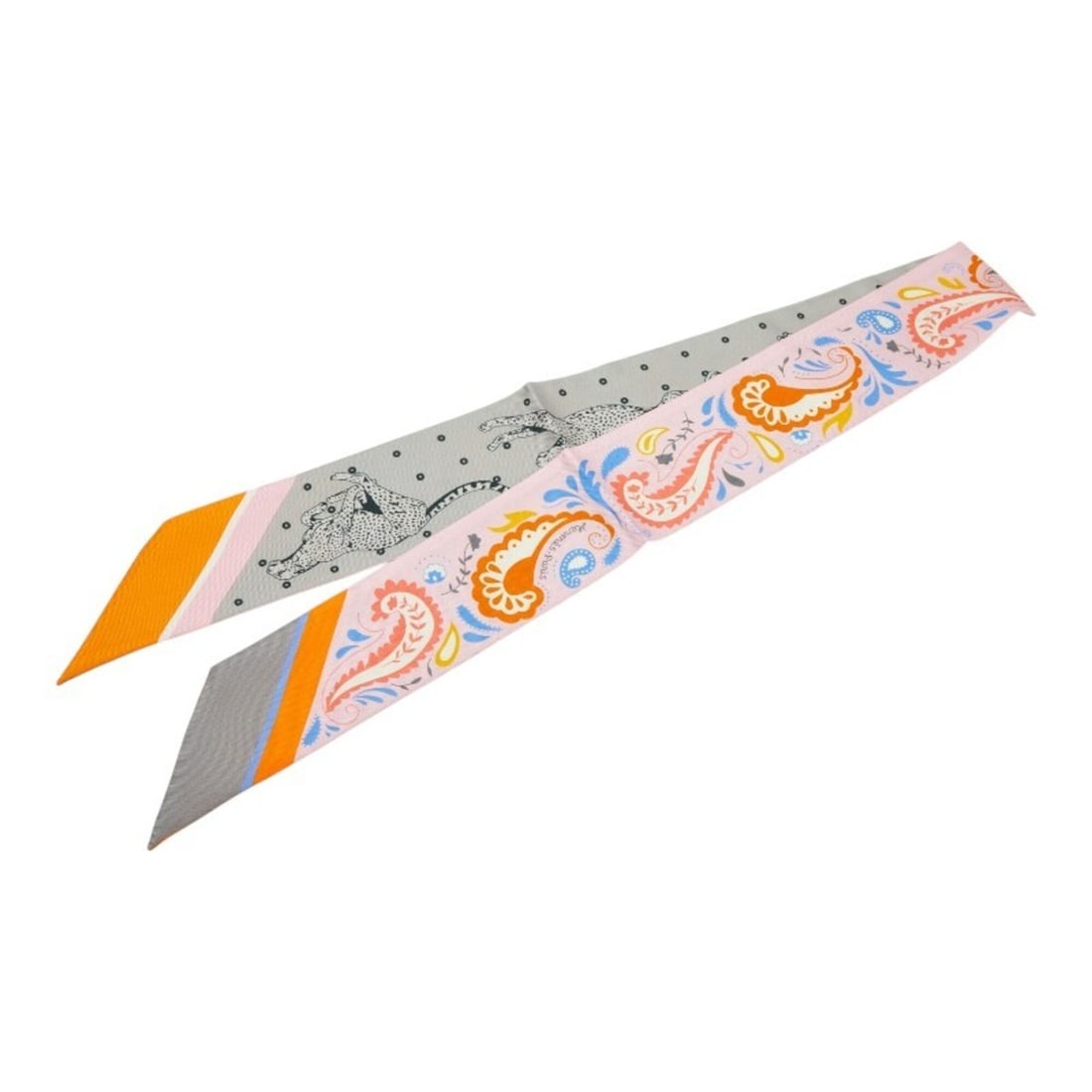 Hermes Paisley Panther Twilly (Gray Pink) - Women's: --- Catalog ---Category: SizeSize (LxW): 90cm x 5cm / 35.43'' x 1.96''Category: DesignType: ScarfColor: Gray, PinkGender: WomenCategory: GeneralBrand: Hermes--- Item List ---Section: ConditionRanking: