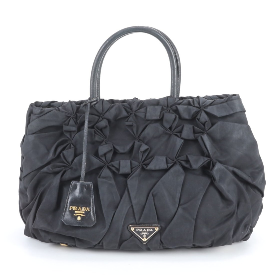 Prada Tessuto Nylon Gathered Triangle Logo Leather Tote Bag, Handbag, Shoulder Women's: --- Catalog ---Category: SizeSize (HxWxD): 22cm x 33cm x 15cm / 8.66'' x 12.99'' x 5.9''Category: DesignType: Handbag, Tote bagColor: BlackGender: WomenMaterial: Nylon , Leather Category: GeneralBrand