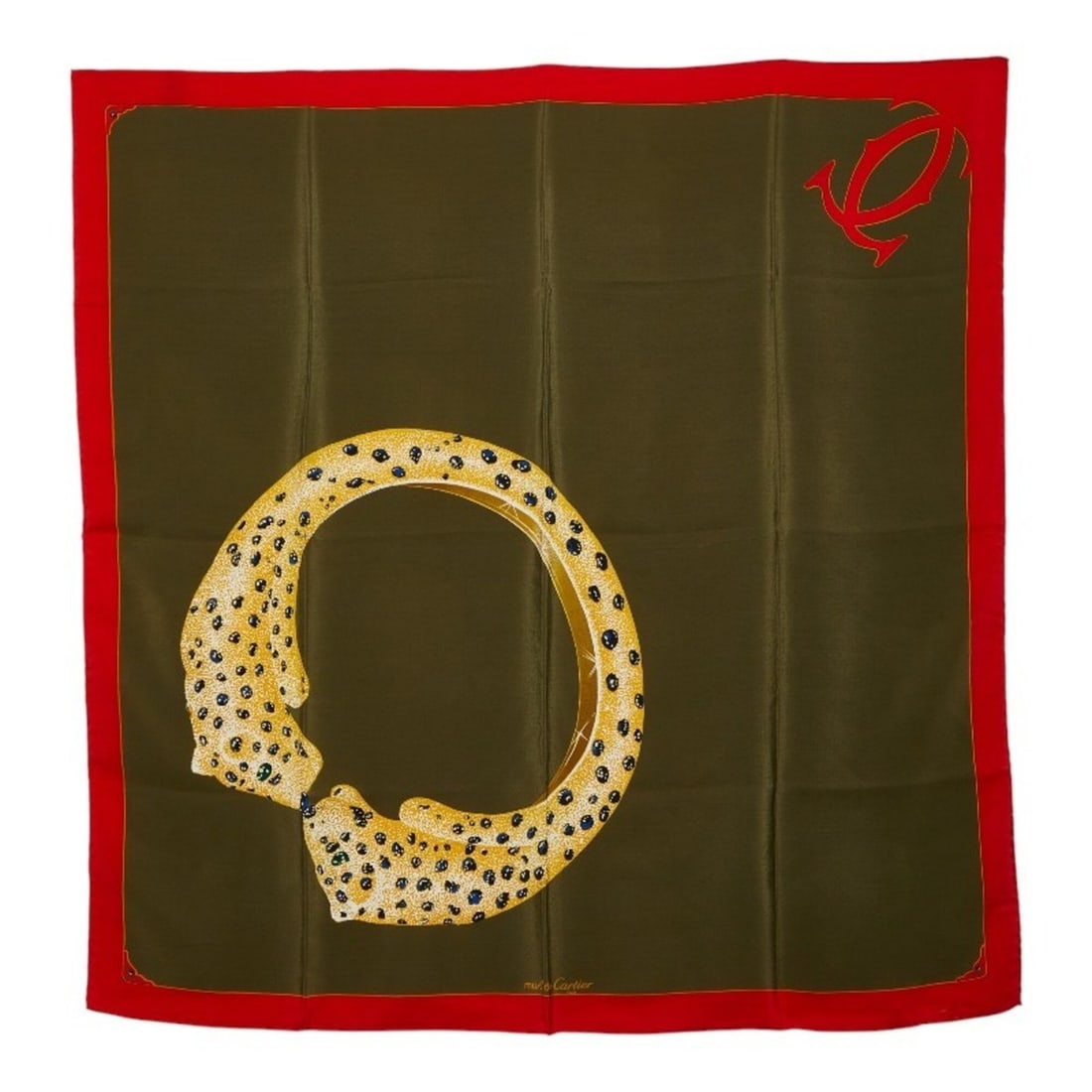 Cartier Panthère Logo Leopard Ring Motif Scarf/Muffler, Khaki Green, Silk, Women's.: --- Catalog ---Category: SizeSize (LxW): 80cm x 80cm / 31.49'' x 31.49''Category: DesignType: ScarfColor: Green, KhakiGender: WomenMaterial: Silk Category: GeneralBrand: Cartier--- Item List ---Sectio