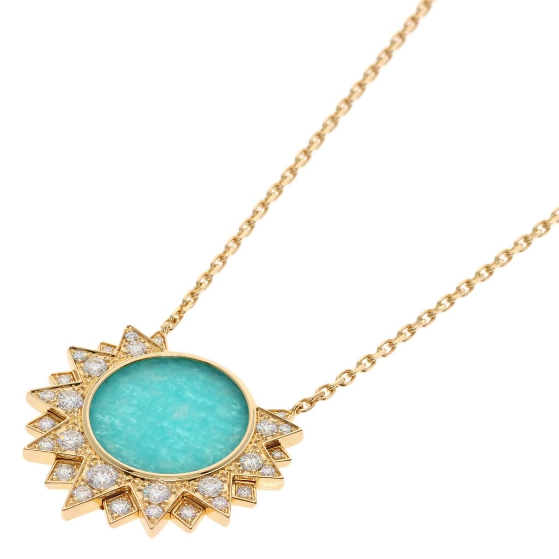 Piaget Sunlight Amazonite Diamond Necklace 18K Yellow Gold Women's PIAGET: --- Catalog ---Category: SizePendant Size: 24.7mm x 25.2mm / 0.97'' x 0.99''Neck Circumference: 60 cm / 23.62''Category: DesignGender: WomenMaterial: Yellow gold (18K)Necklace Type: NecklaceCategory: 