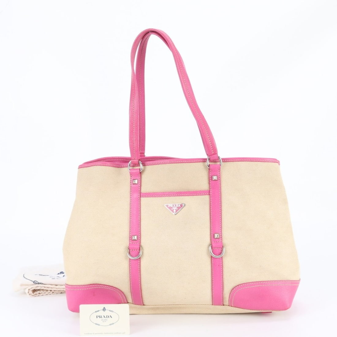 Prada Triangle Logo Leather Tote Bag BR2921 with Guarantee Card - Handbag/Shoulder for Women: --- Catalog ---Category: SizeSize (HxWxD): 27cm x 40cm x 14cm / 10.62'' x 15.74'' x 5.51''Handle Length: 55cm / 21.65''Category: DesignType: Handbag, Tote bagColor: Beige, PinkGender: WomenMaterial: L