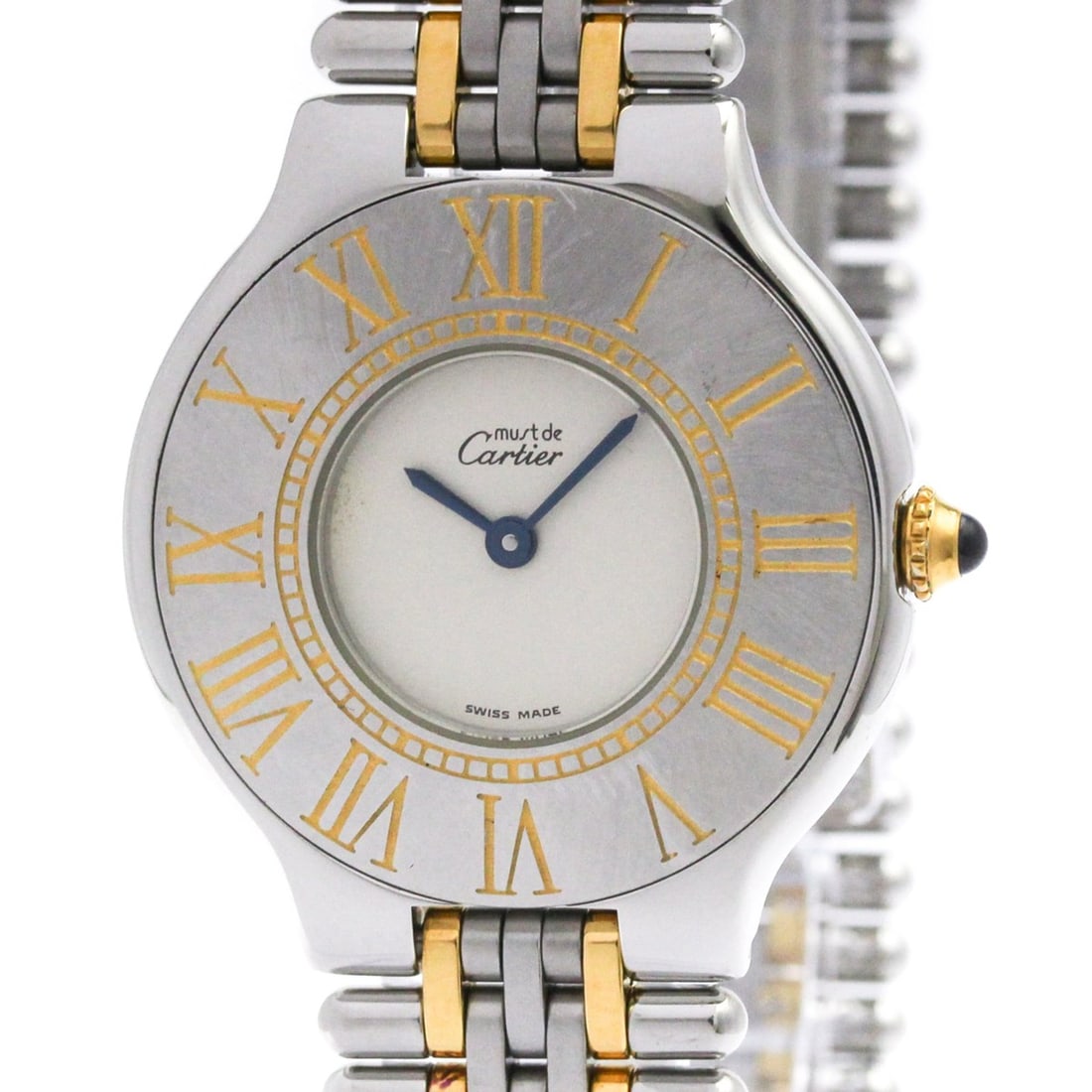 CARTIER Must 21 Gold Plated Steel Quartz Unisex Watch W10050F4 Polished: --- Catalog ---Category: SizeCase Diameter: 31mm / 1.22''Category: DesignType: WristwatchStyle: Dress/FormalGender: UnisexColor (Dial): SilverMaterial (Band): Gold plated, Stainless steelMaterial (Cas