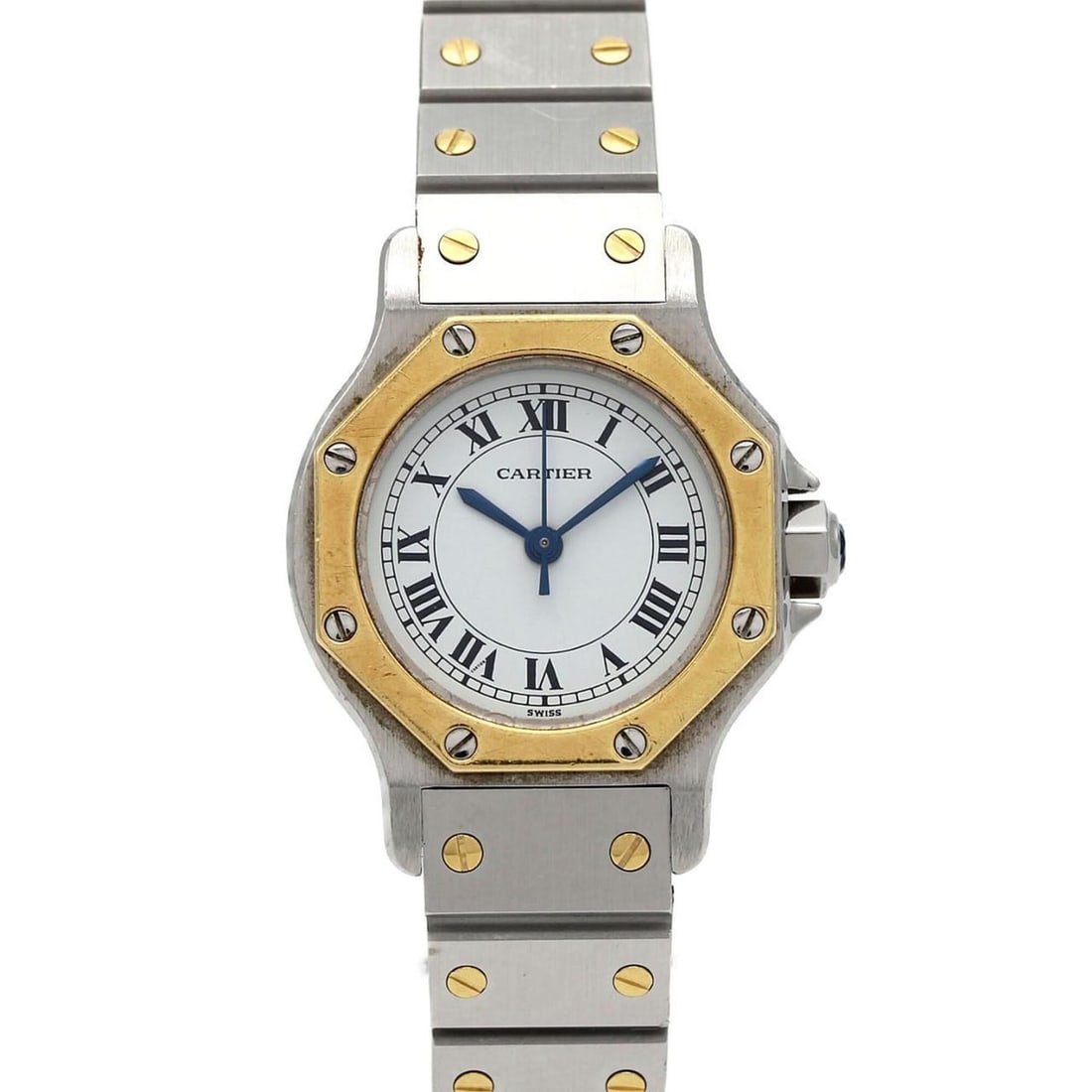 Cartier Santos Octagon SM Two-Tone Stainless Steel x Yellow Gold Automatic Watch: --- Catalog ---Category: SizeWrist Size: 14.5cm / 5.7''Case Diameter: 24mm / 0.94''Category: DesignType: WristwatchGender: WomenColor (Dial): WhiteMaterial (Band): Stainless steel, Yellow goldMaterial
