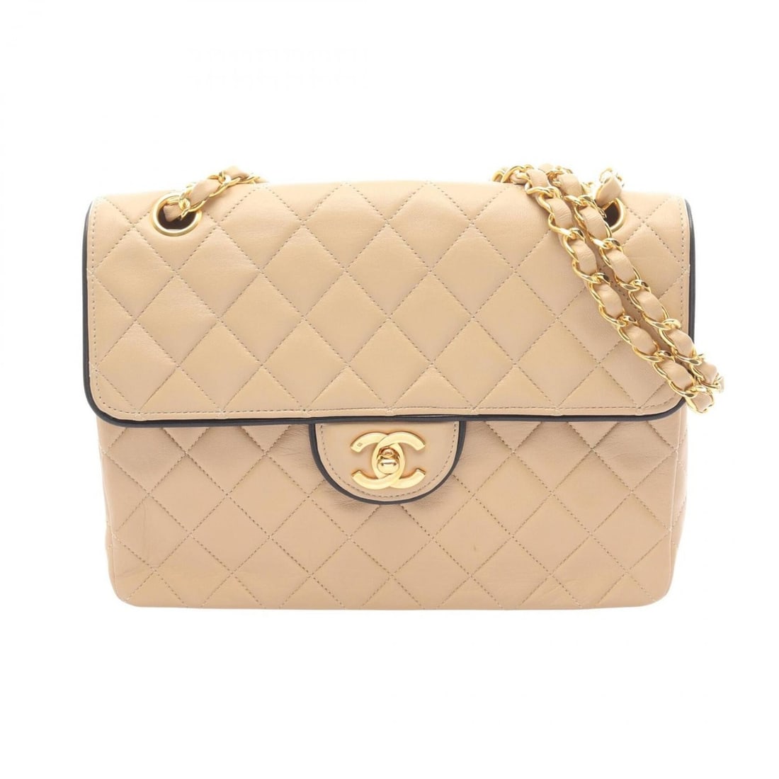 Chanel Matelassé Single Flap Shoulder Bag/Handbag, Lambskin Leather, Women's, Beige/Black: --- Catalog ---Category: SizeSize (HxWxD): 18cm x 23.5cm x 6cm / 7.08'' x 9.25'' x 2.36''Category: DesignType: Handbag, Shoulder bagColor: BeigeGender: WomenMaterial: Leather Leather/Fur Type: Lambski