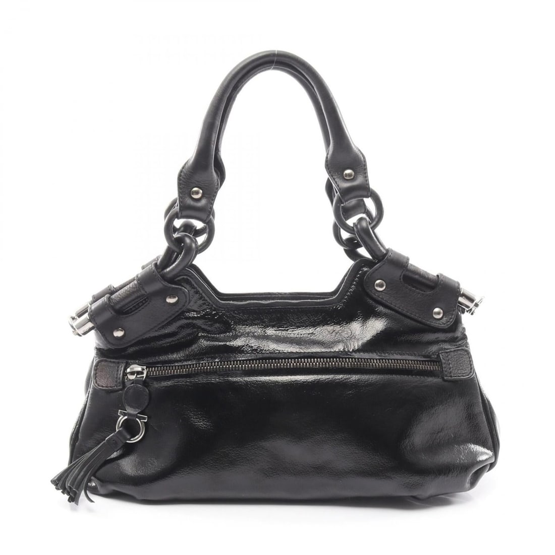 Salvatore Ferragamo Gancini Tassel Handbag, Patent Leather, Women's, Black: --- Catalog ---Category: SizeSize (HxWxD): 19cm x 36cm x 10cm / 7.48'' x 14.17'' x 3.93''Category: DesignType: HandbagColor: BlackGender: WomenMaterial: Patent leather Category: GeneralBrand: Salvator