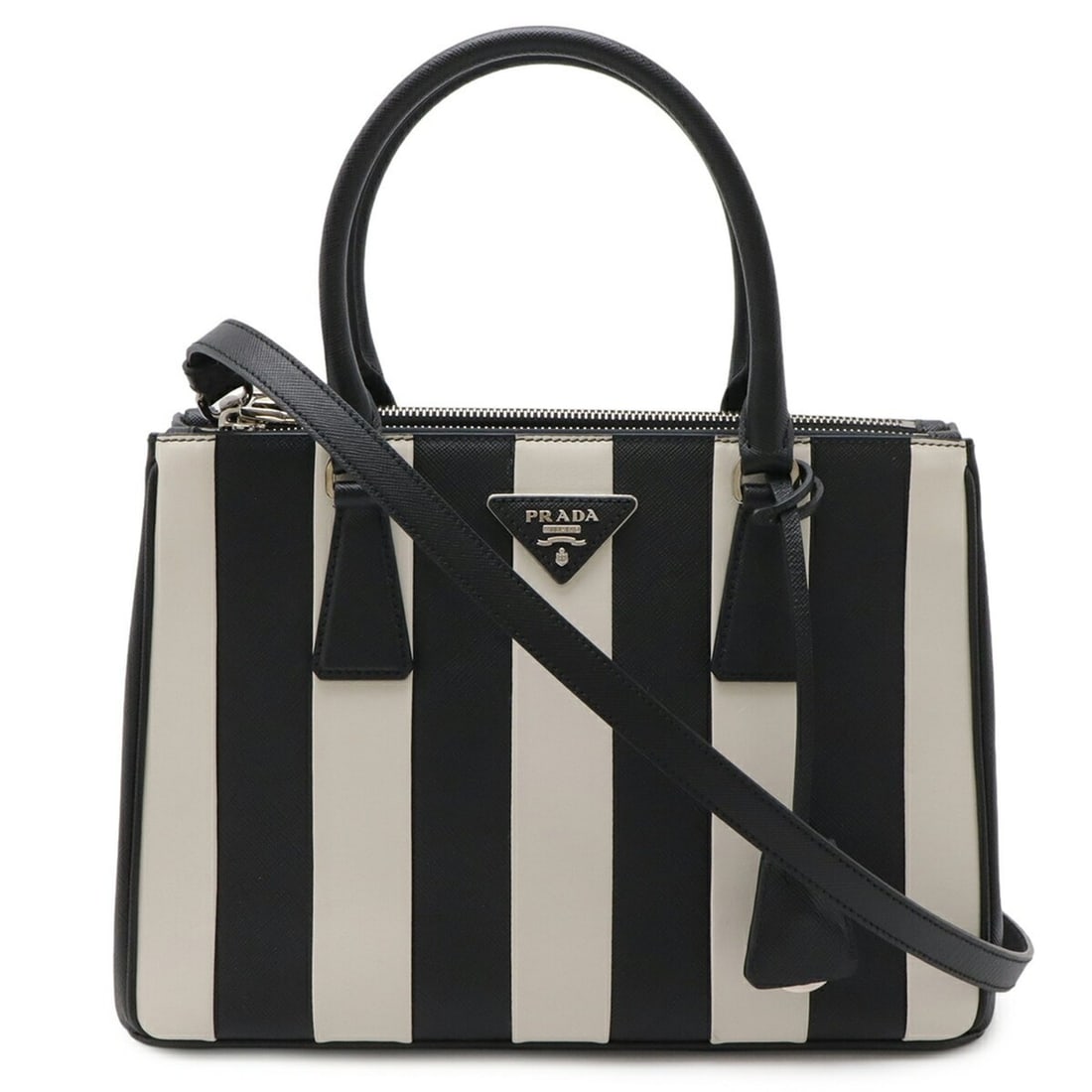 PRADA Galleria Stripe Triangle Handbag, Saffiano Leather, NERO (Black/White), Purchased at a: --- Catalog ---Category: SizeWeight: 930g / 2.05lb.Size (HxWxD): 20cm x 29cm x 12.5cm / 7.87'' x 11.41'' x 4.92''Strap Length: 130cm / 51.18''Category: DesignType: Handbag, Shoulder bagColor: Black, N