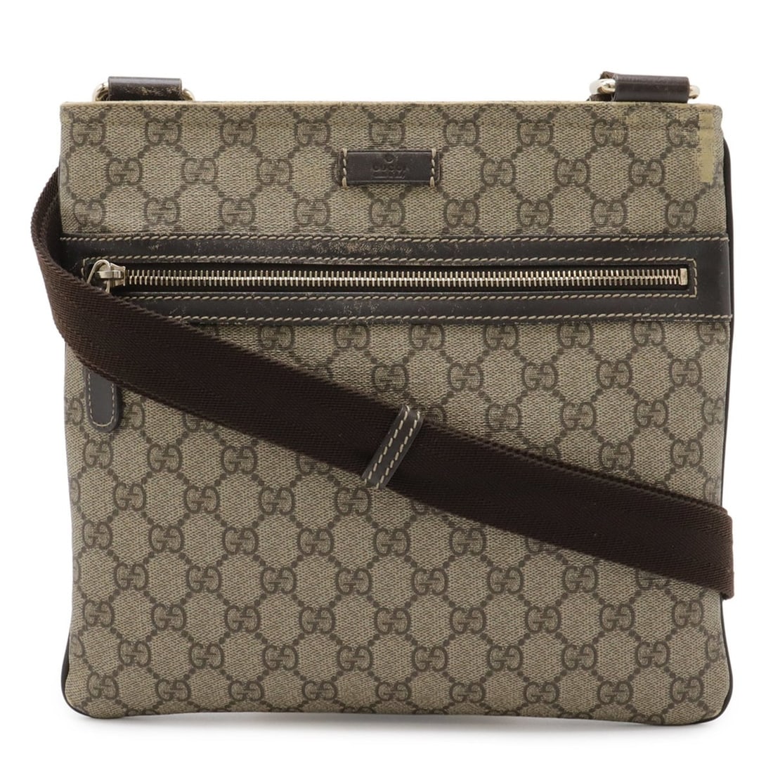 GUCCI GG Supreme Plus Shoulder Bag, Khaki Beige/Dark Brown, 295257: --- Catalog ---Category: SizeWeight: 420g / 14.81oz.Size (HxWxD): 24.5cm x 27.5cm / 9.64'' x 10.82''Strap Length: 134cm / 52.75''Category: DesignType: Shoulder bagColor: Beige, Dark brown, KhakiGender