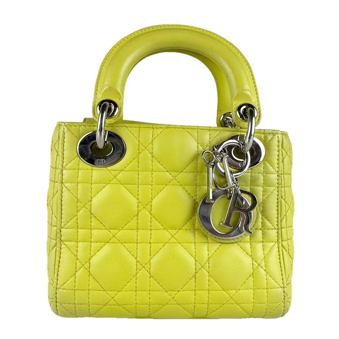 Christian Dior handbag/shoulder bag, Lady Dior, leather, yellow-green, silver, women's, z9428: --- Catalog ---Category: SizeSize (HxWxD): 15cm x 17cm x 5cm / 5.9'' x 6.69'' x 1.96''Category: DesignType: Handbag, Shoulder bagColor: Green, YellowGender: WomenMaterial: Leather Category: GeneralBra