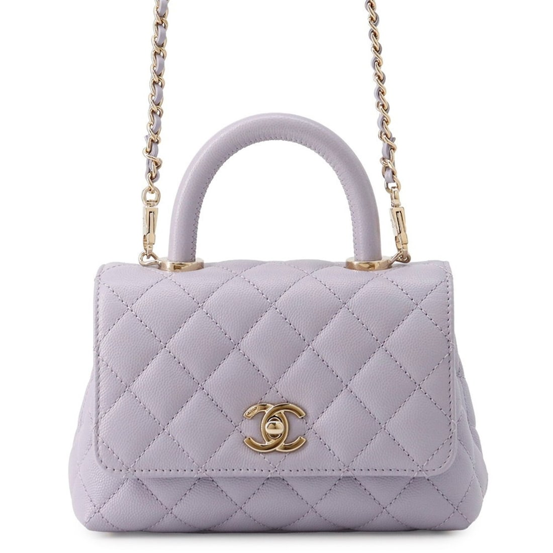 Chanel handbag, Coco Mark, Handle, Mini Flap, Caviar Skin, AS2215, CHANEL 2-way handbag for women.: --- Catalog ---Category: SizeSize (HxWxD): 12cm x 18cm x 6cm / 4.72'' x 7.08'' x 2.36''Category: DesignType: HandbagColor: Light purpleGender: WomenMaterial: Grained Calfskin Hardware Color: Champagne