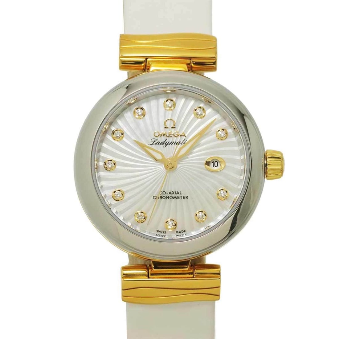 Omega De Ville Ladymatic Co-Axial Combination 425 22 34 20 55 002 Ladies' Watch 11P Diamond Date: --- Catalog ---Category: SizeWrist Size: 12.5cm - 17.5cm / 4.92'' - 6.88''Case Diameter: 34mm / 1.34''Category: DesignType: WristwatchGender: WomenColor (Dial): White shellMaterial (Band): Leather, St