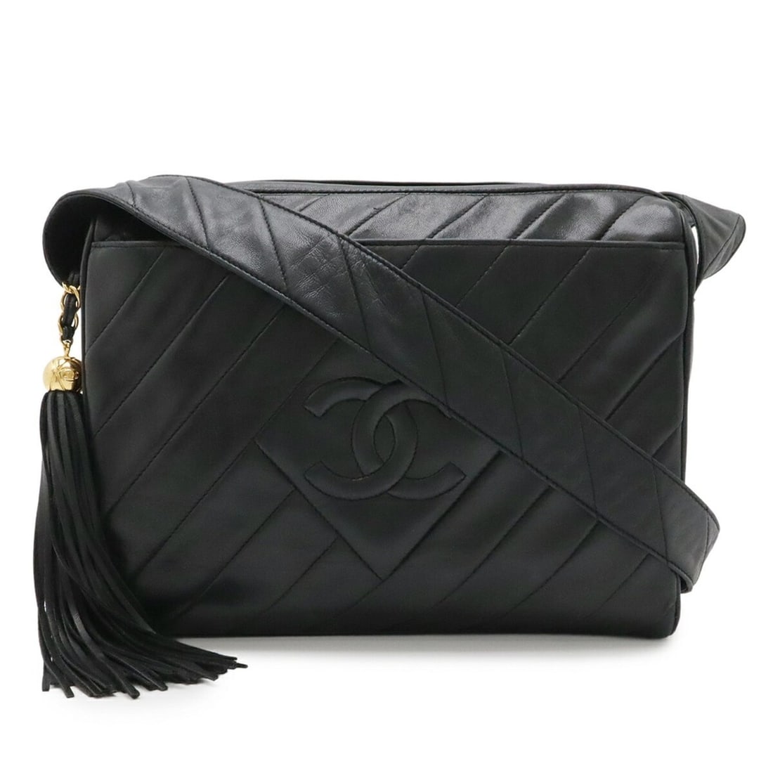 CHANEL Bias Stitch Coco Mark Tassel Shoulder Bag, Lambskin Leather, Black: --- Catalog ---Category: SizeWeight: 530g / 1.16lb.Size (HxWxD): 21cm x 27.5cm x 8cm / 8.26'' x 10.82'' x 3.14''Strap Length: 114cm / 44.88''Category: DesignType: Shoulder bagColor: BlackStyle: Casual