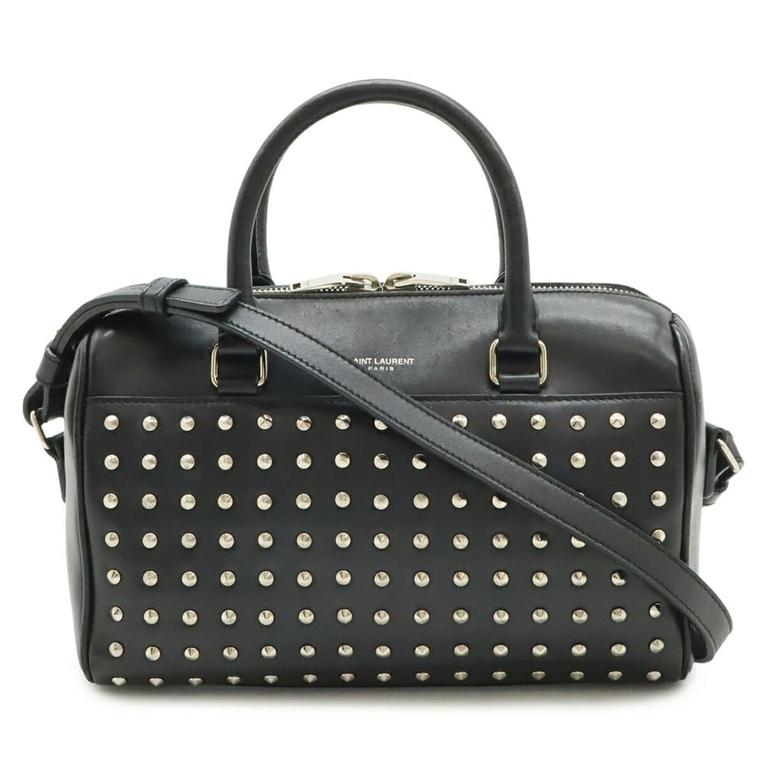 Yves Saint Laurent SAINT LAURENT PARIS YSL Baby Duffle Handbag Shoulder Bag Leather Studs Black: --- Catalog ---Category: SizeWeight: 510g / 1.12lb.Size (HxWxD): 14cm x 22.5cm x 11cm / 5.51'' x 8.85'' x 4.33''Strap Length: 134cm / 52.75''Category: DesignType: HandbagColor: BlackGender: WomenPatte
