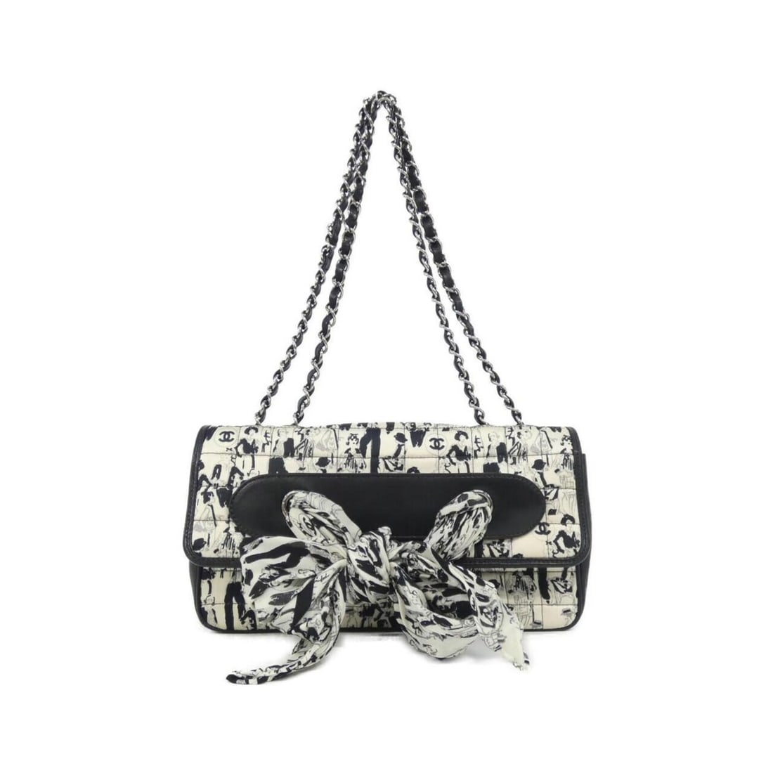Chanel 22105 Shoulder Bag: --- Catalog ---Category: SizeSize (HxWxD): 14cm x 25cm x 7cm / 5.51'' x 9.84'' x 2.75''Category: DesignType: Shoulder bagColor: Black, WhiteGender: WomenMaterial: Silk , Satin , Leather Leather/Fur Ty